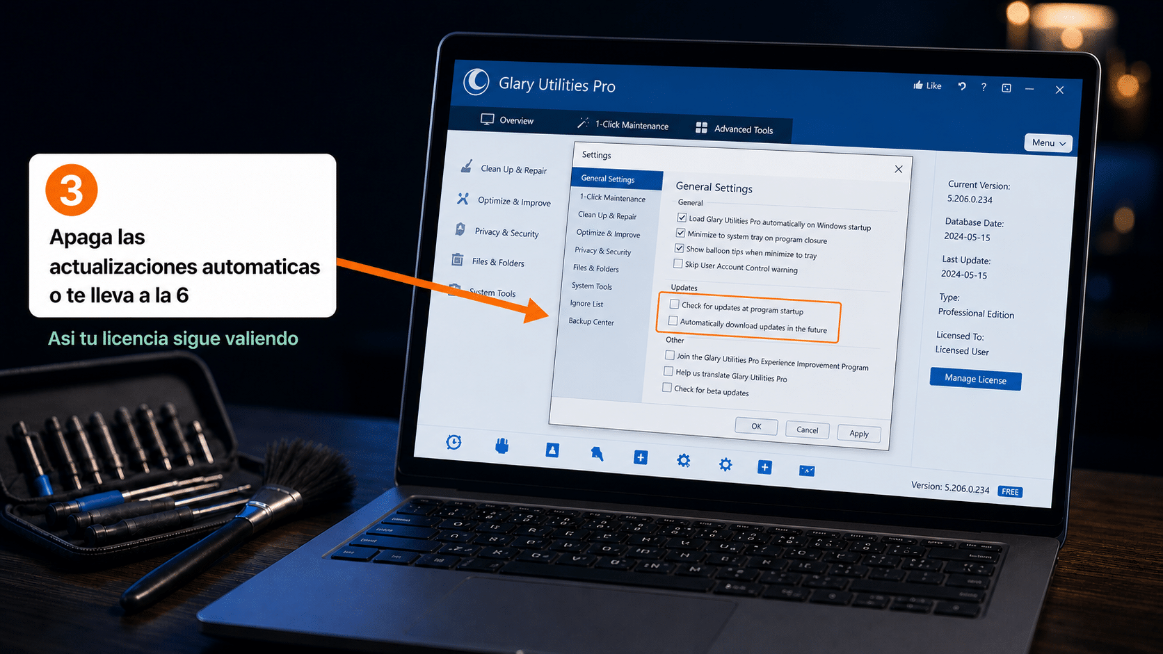 Opciones de actualización automática de Glary Utilities destildadas