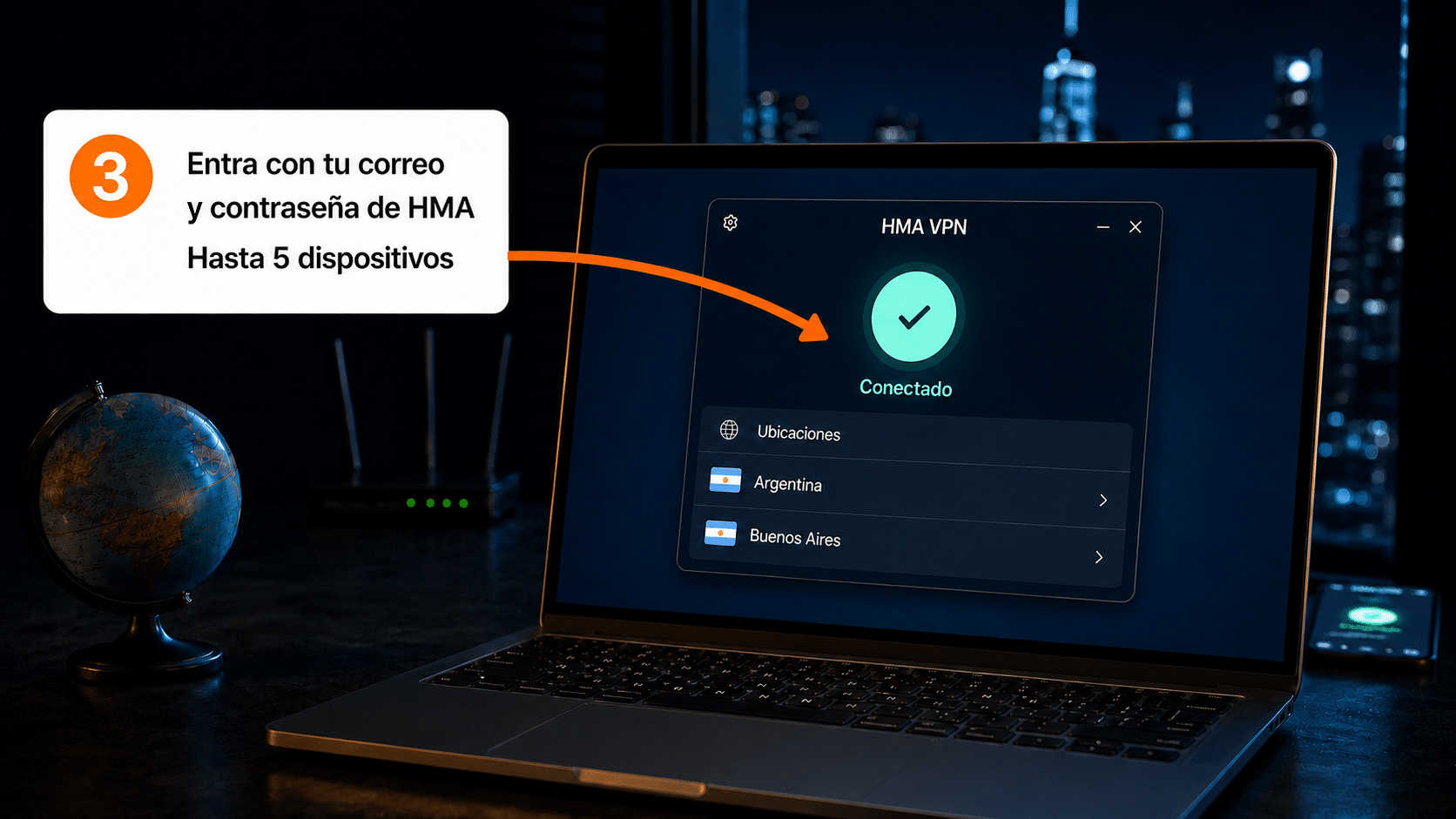 Aplicación de HMA VPN conectada, mostrando la ubicación elegida