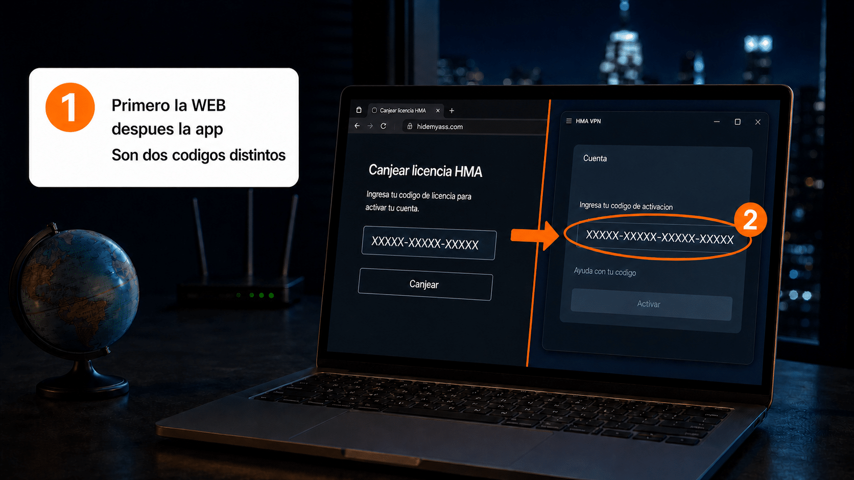 Portal de canje de HMA en el navegador, con el campo para la clave de activación