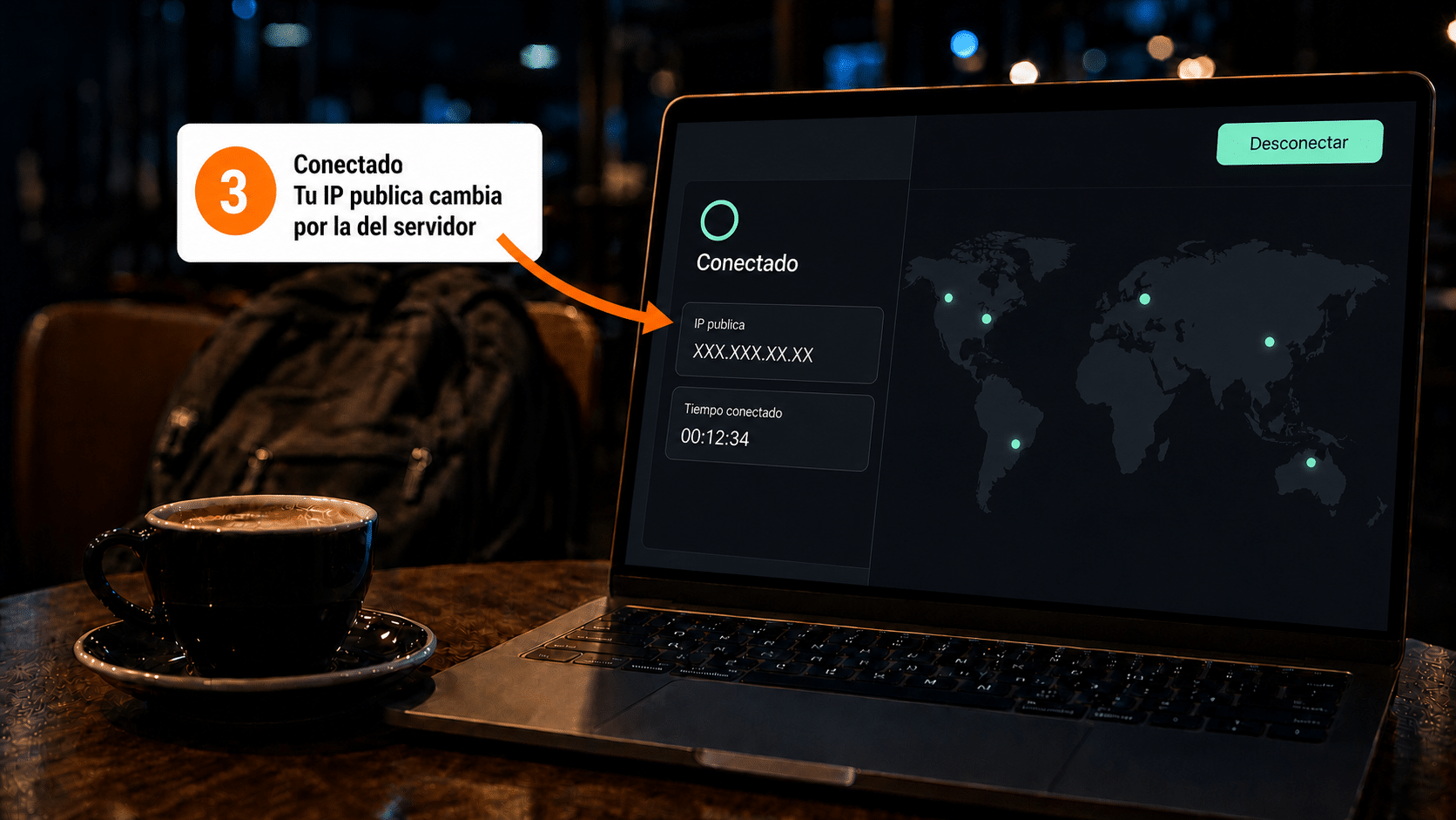 IPVanish conectado, mostrando la IP pública y el servidor