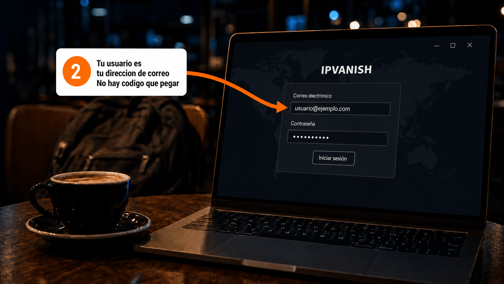 Pantalla de inicio de sesión de IPVanish con los campos de correo y contraseña