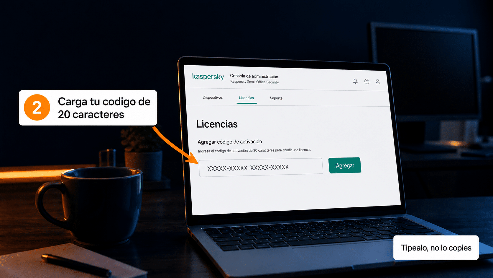 Sección Licencias de la consola con el campo para el código de activación de 20 caracteres