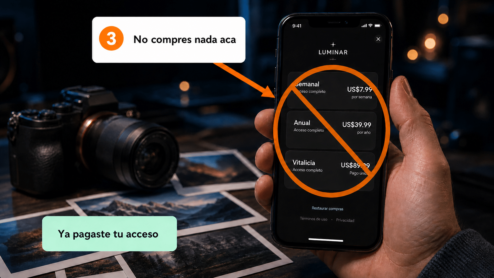 Pantalla de planes de Luminar marcada para no comprar nada ahí