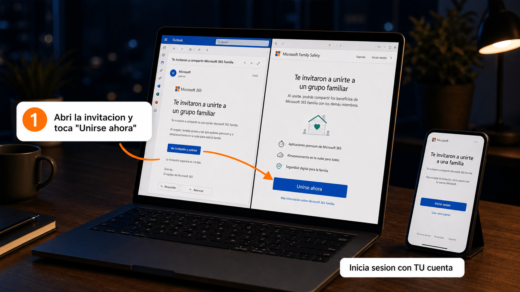 Correo de invitación de Microsoft y botón Unirse ahora en Family Safety