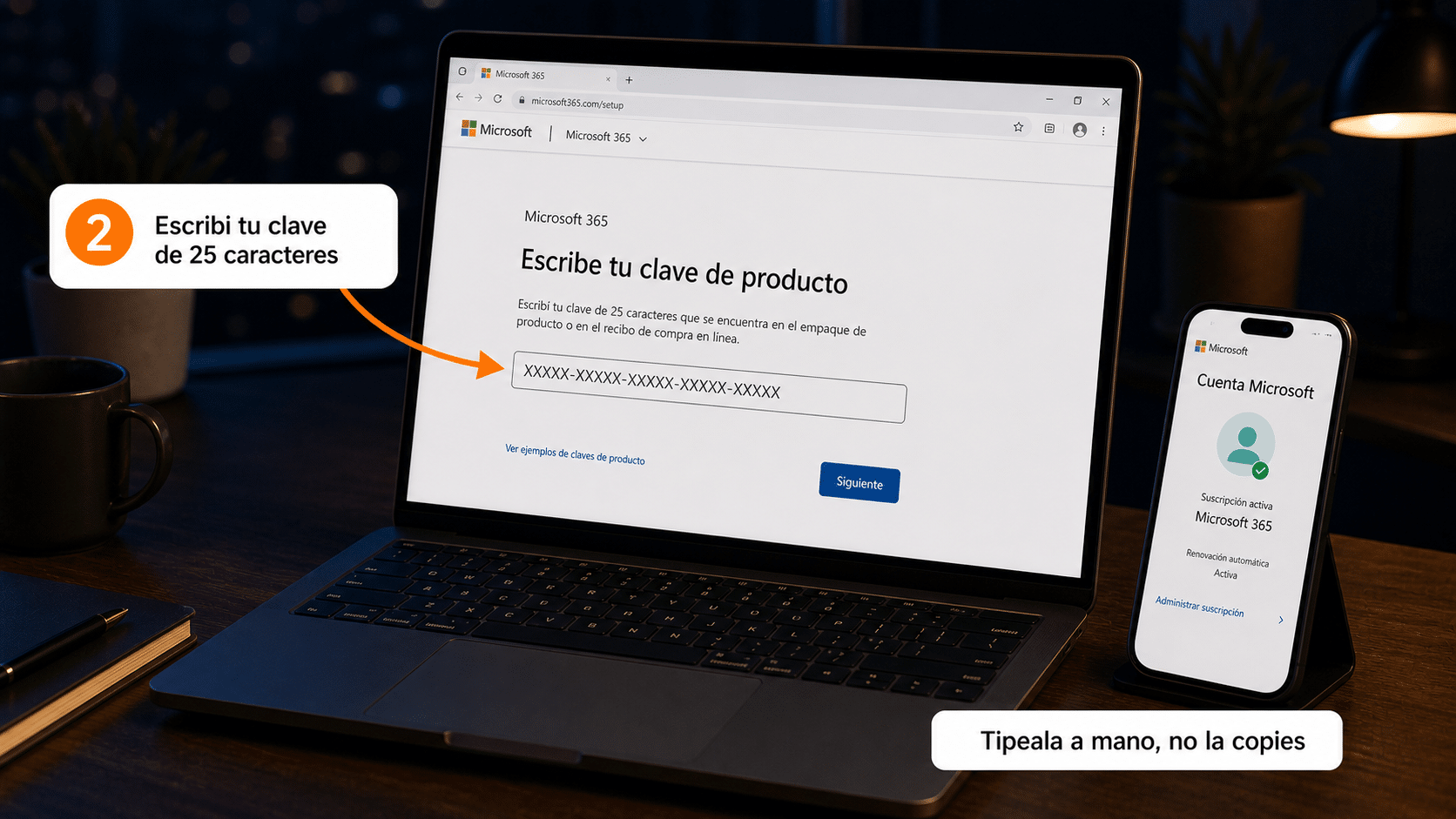 Canjear la clave de Microsoft 365 en microsoft365.com/setup Pantalla oficial de Microsoft para escribir la clave de producto de 25 caracteres