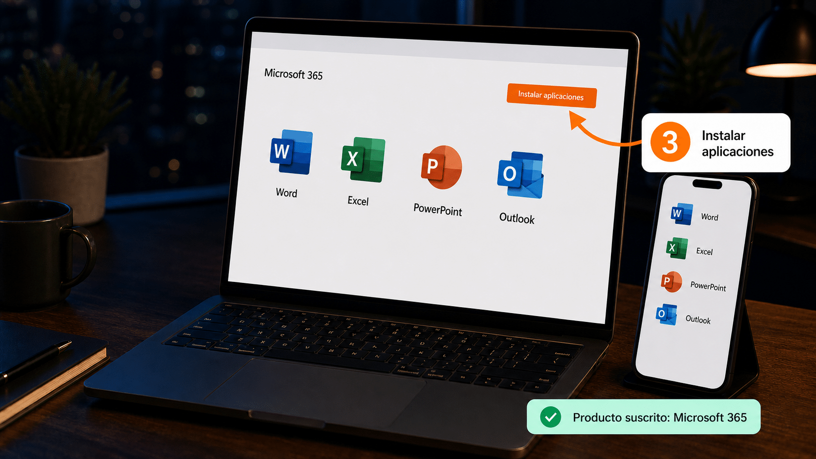 Instalar las aplicaciones de Microsoft 365 Portal de Microsoft 365 con el botón Instalar aplicaciones y Word, Excel, PowerPoint y Outlook