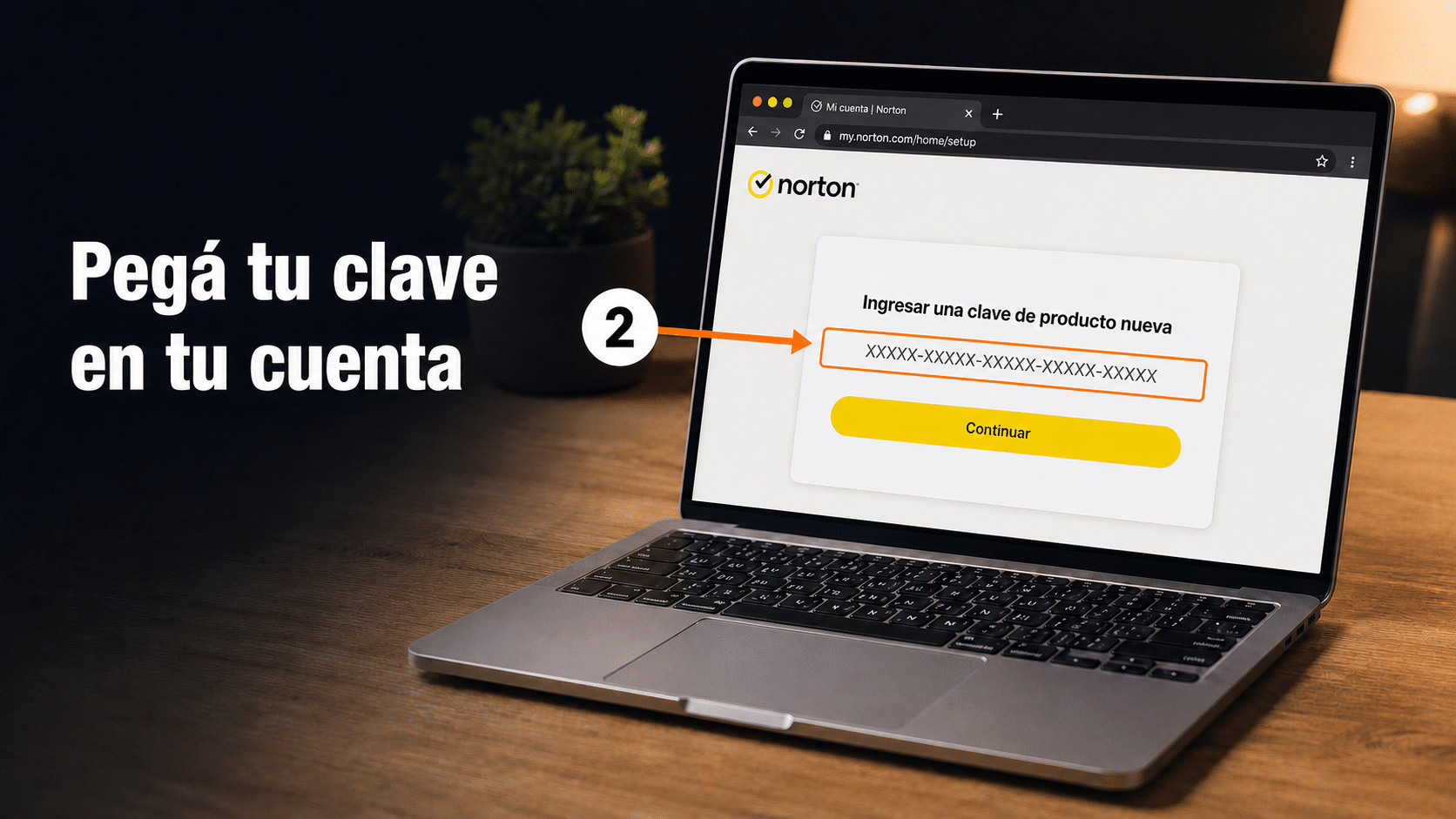 Portal de Norton con la opción Ingresar una clave de producto nueva y el campo de la licencia