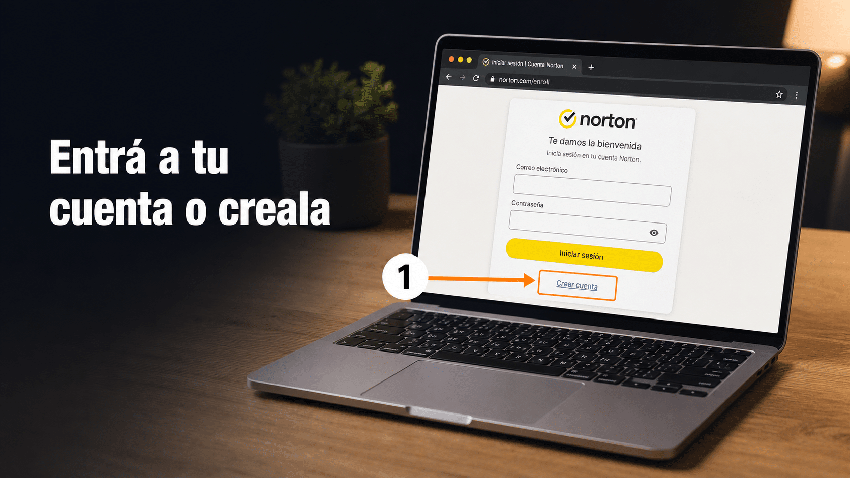 Pantalla de inicio de sesión de Norton con la opción de crear cuenta