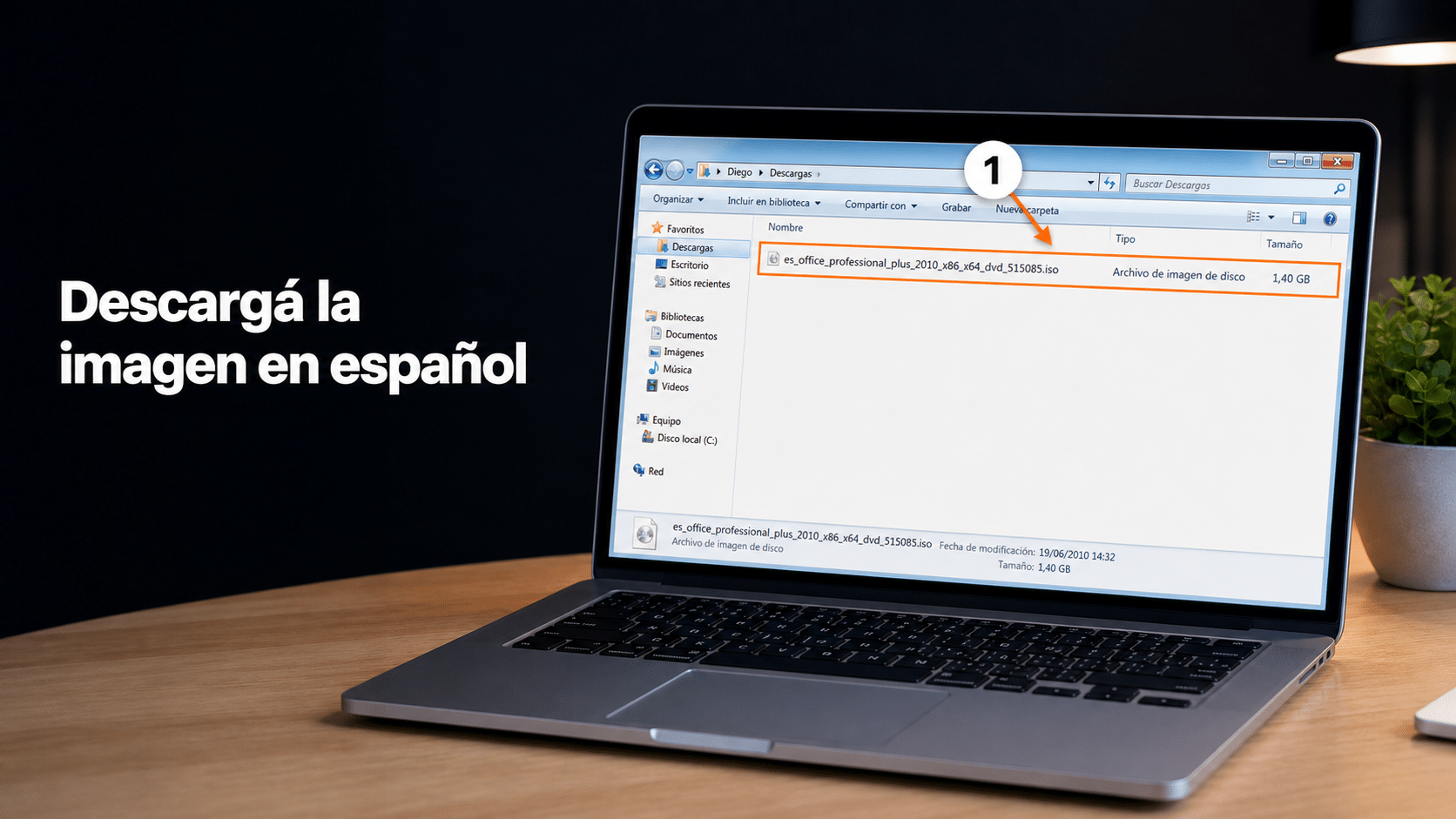 Imagen de instalación de Office 2010 en español descargada en la carpeta Descargas
