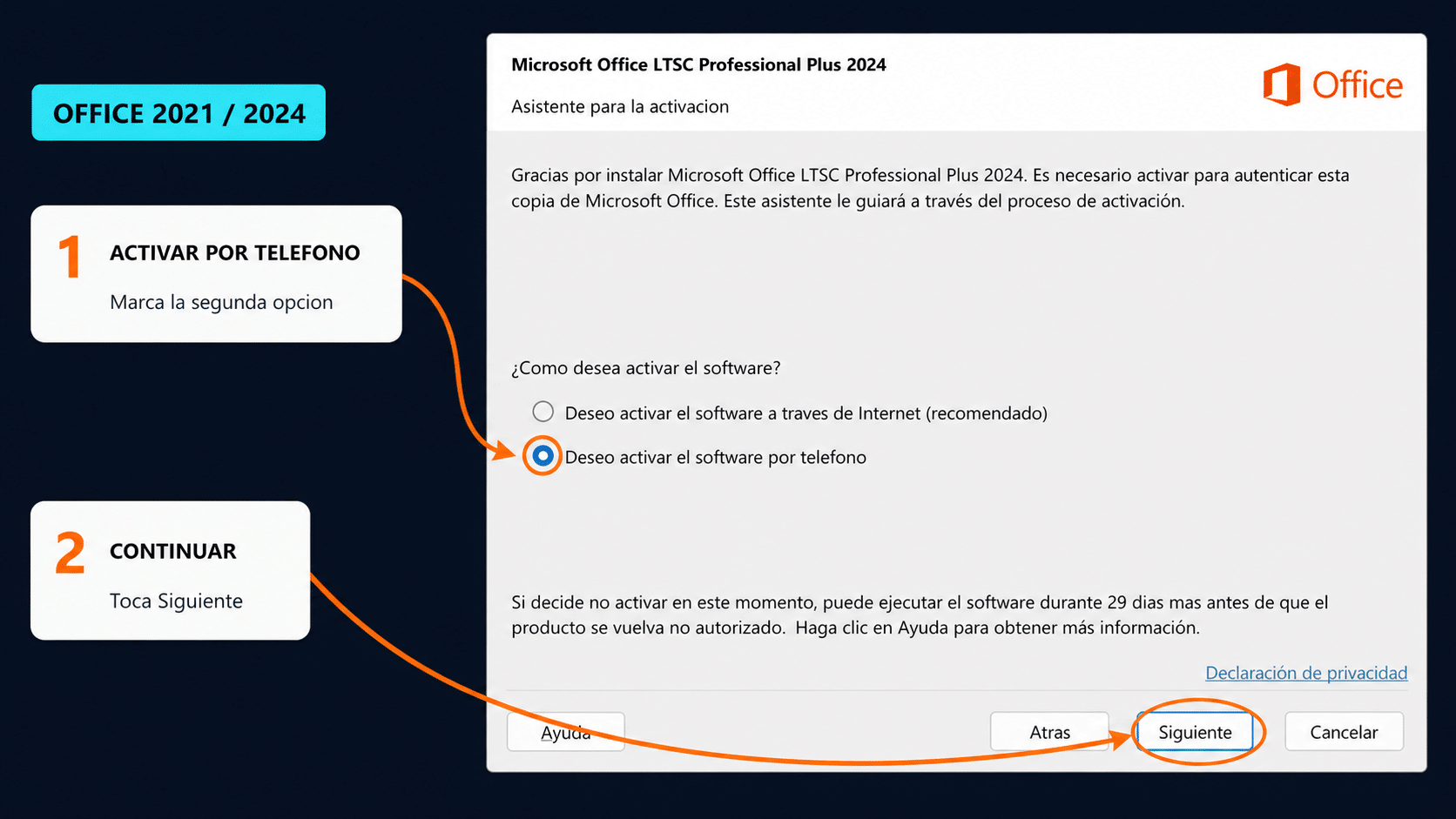Asistente de activación de Office con la opción Activar el software por teléfono seleccionada
