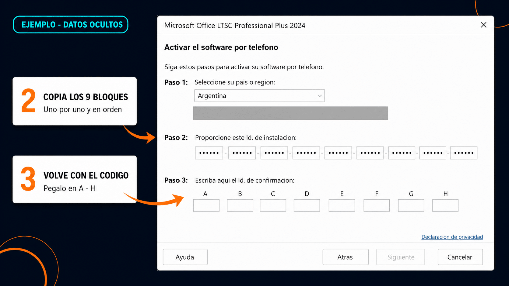 Asistente de activación mostrando el Id. de instalación en 9 bloques de números
