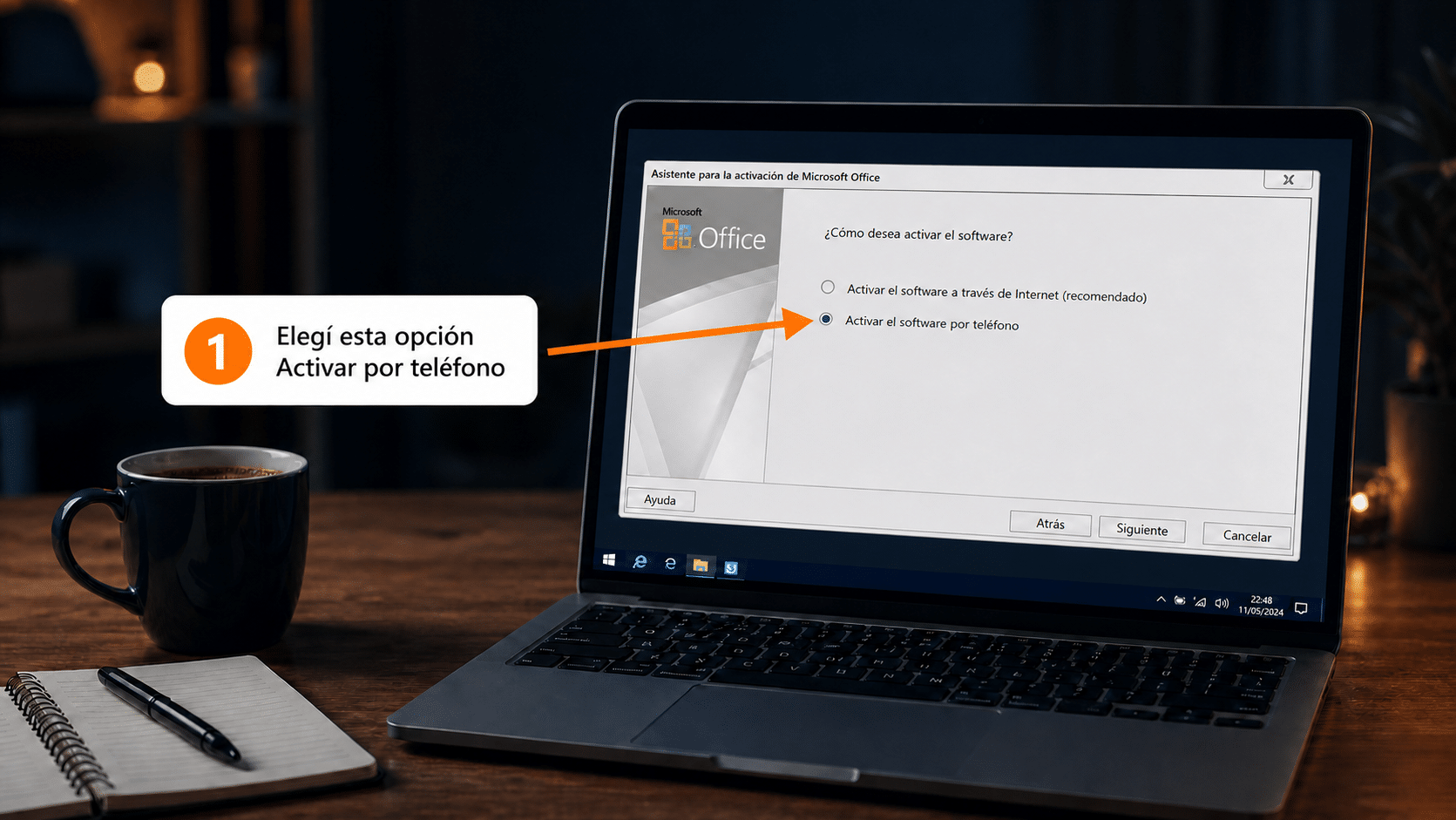 Asistente de activación de Office con la opción Activar el software por teléfono seleccionada
