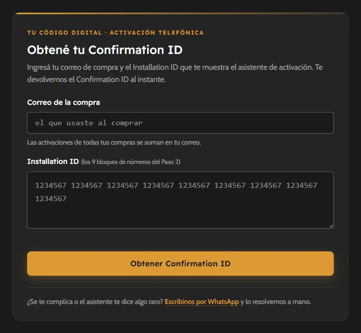 Formulario de activación telefónica de Tu Código Digital con los campos de correo e Installation ID