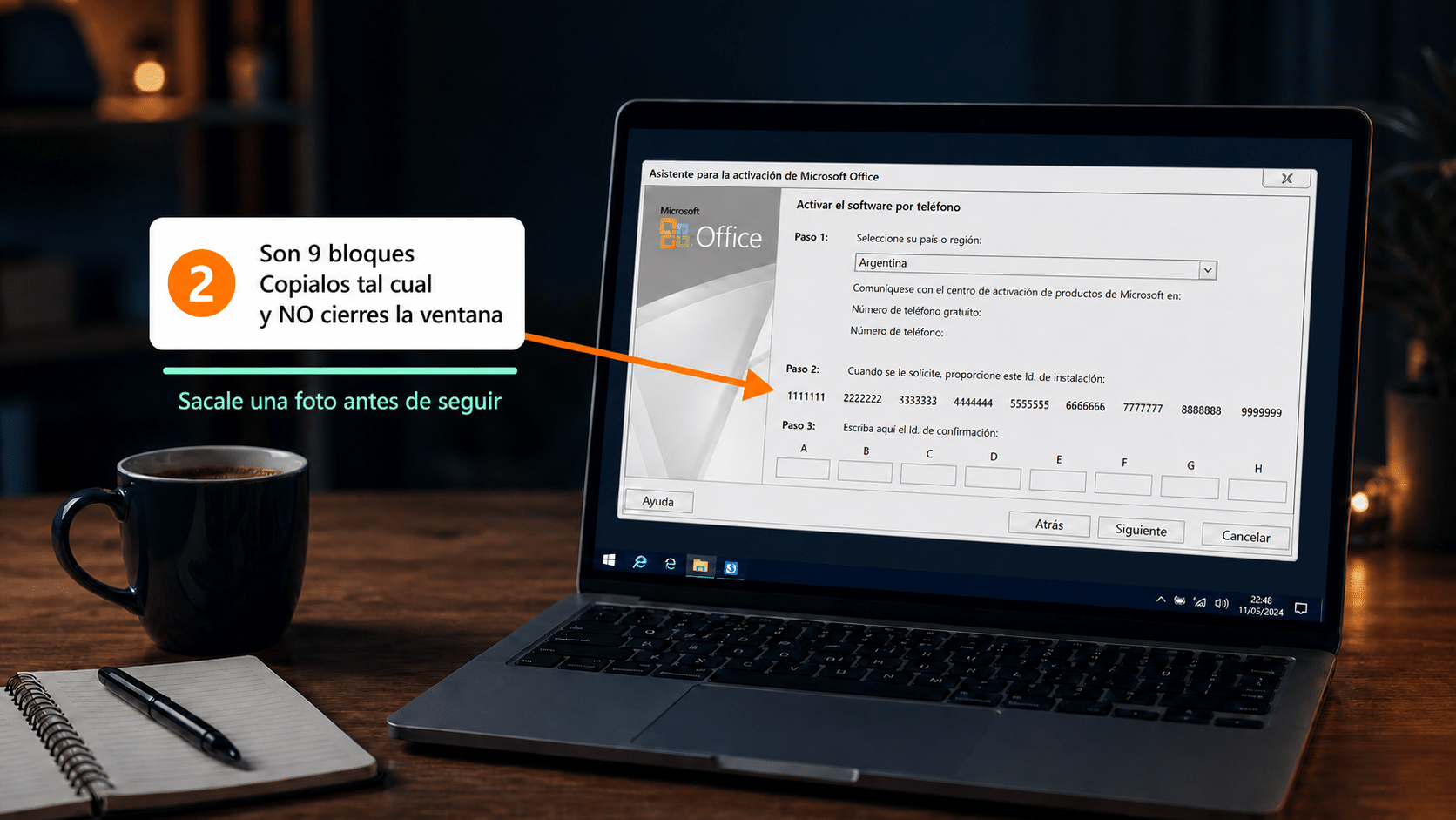 Asistente de activación mostrando el Id. de instalación en 9 bloques de números