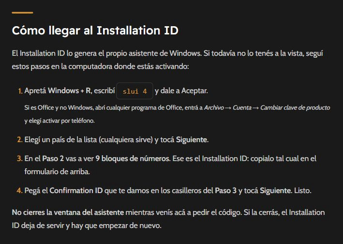 Pasos para llegar al Id. de instalación explicados en la página de Tu Código Digital
