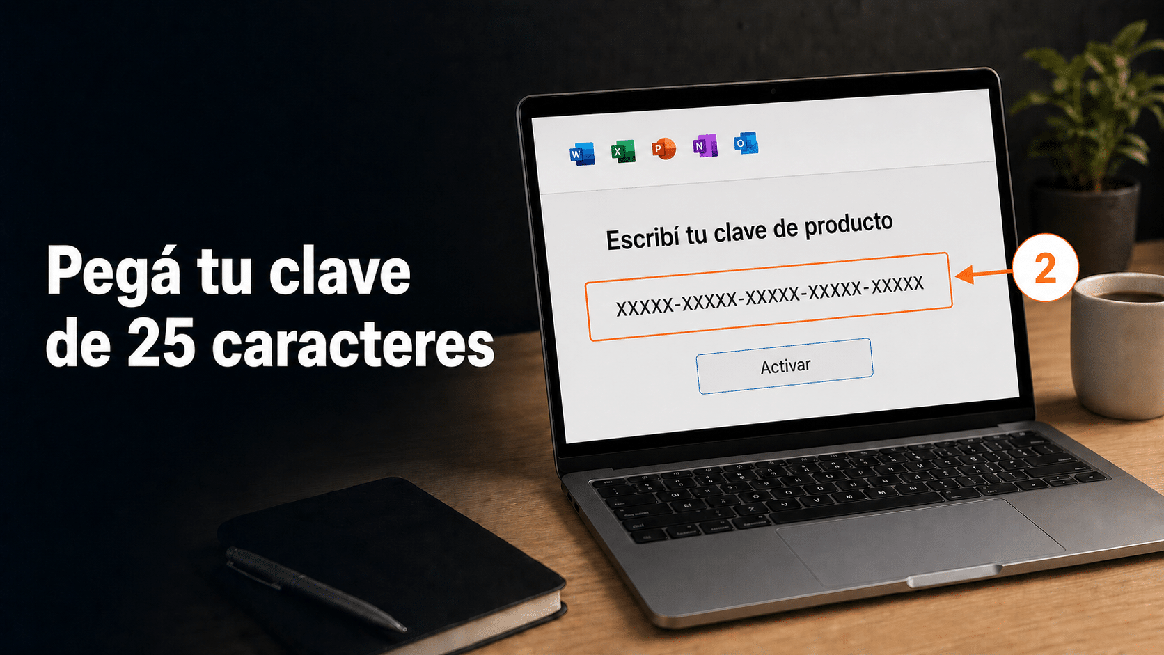Pantalla para escribir la clave de producto de 25 caracteres y activar Outlook