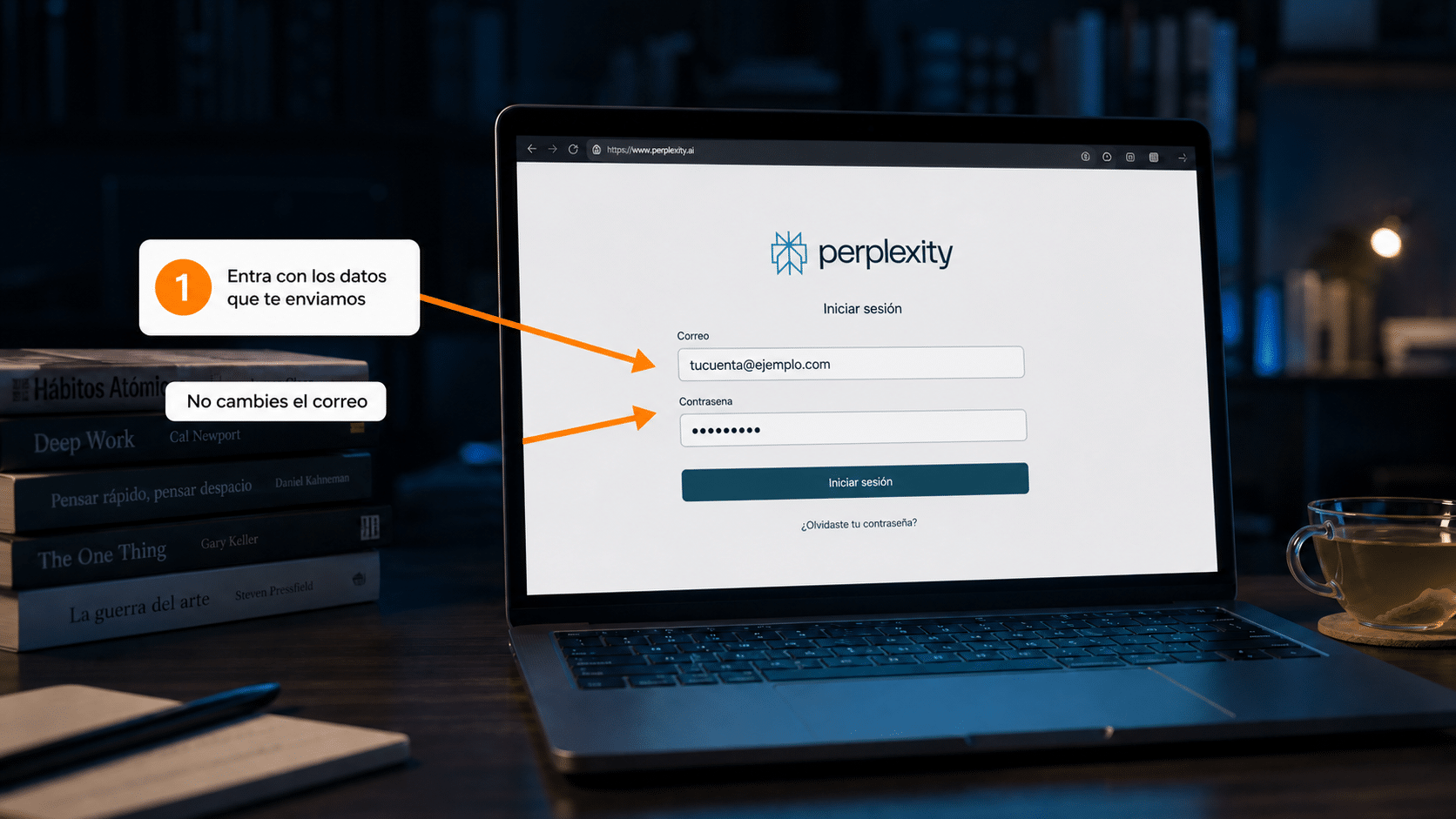 Pantalla de inicio de sesión de Perplexity con los campos de correo y contraseña