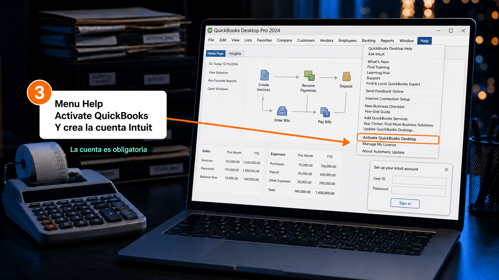 Menú Help de QuickBooks con la opción Activate QuickBooks Desktop