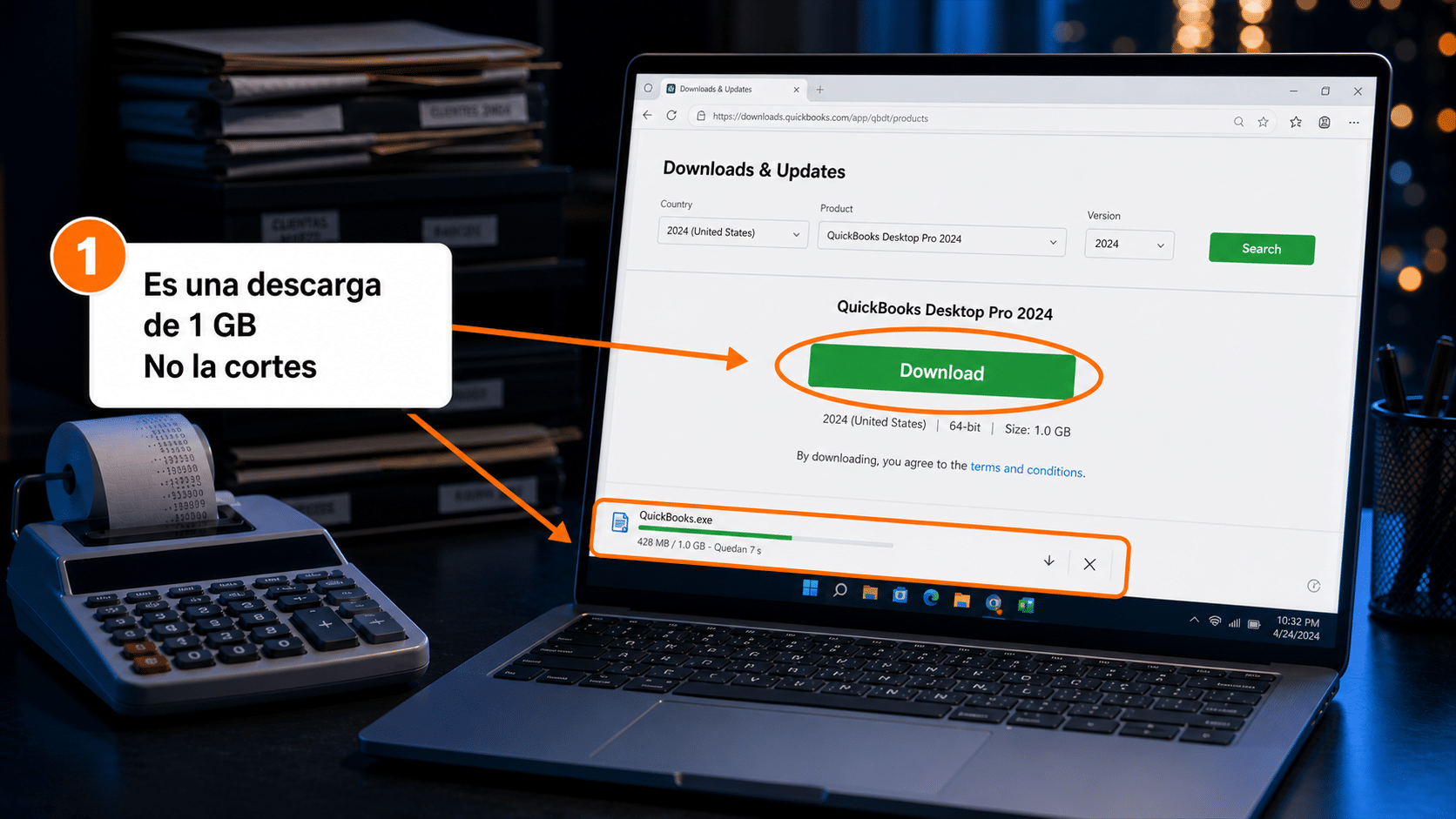 Página oficial de descarga de QuickBooks Desktop Pro 2024 con el botón Download