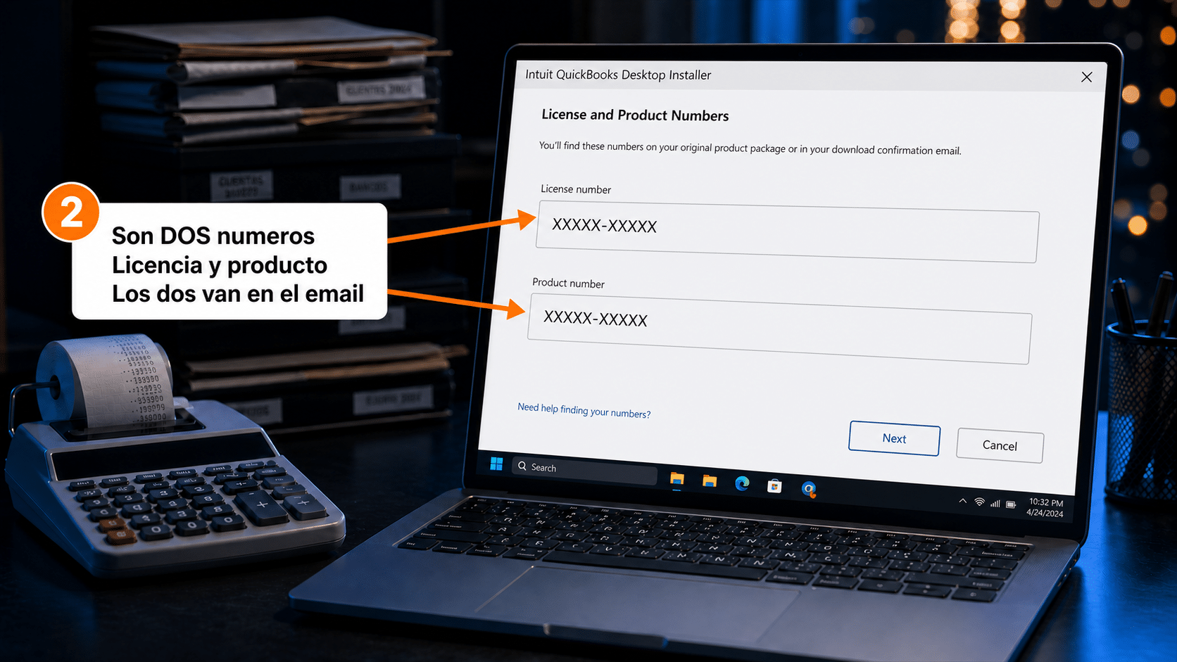 Asistente de QuickBooks pidiendo License Number y Product Number