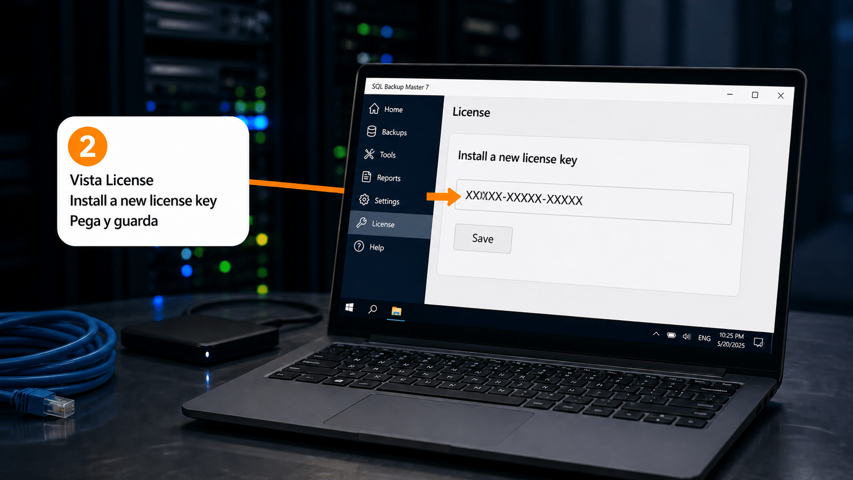 Vista License de SQL Backup Master con el campo New License