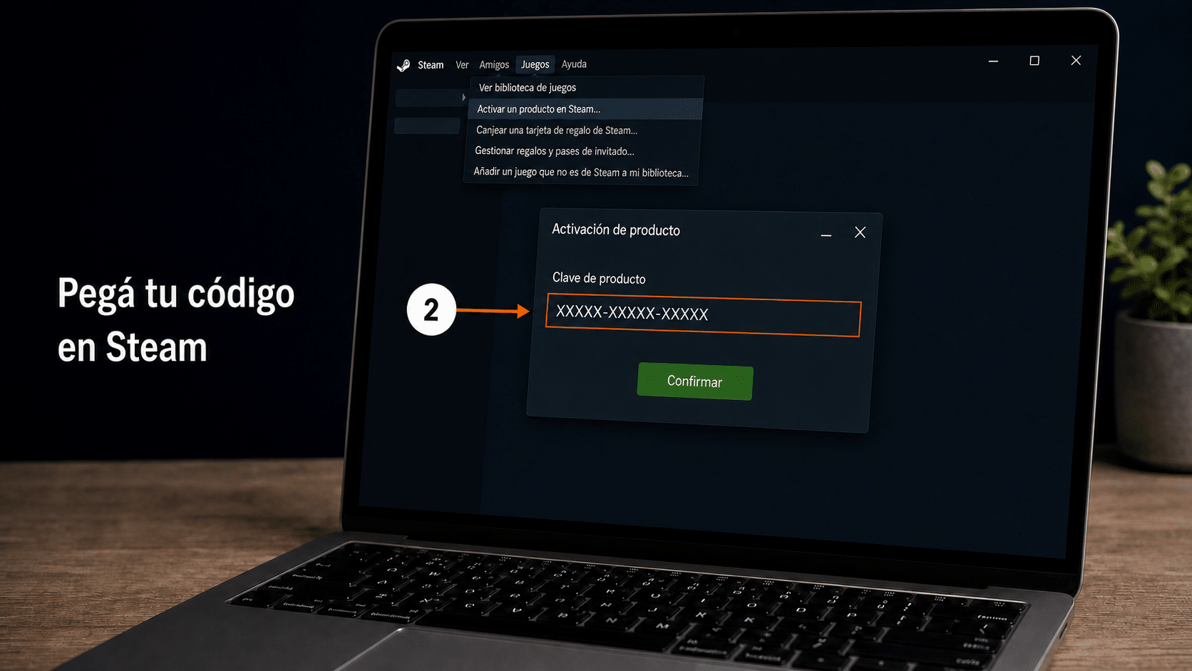 Menú Juegos de Steam con Activar un producto en Steam y el campo para pegar la clave
