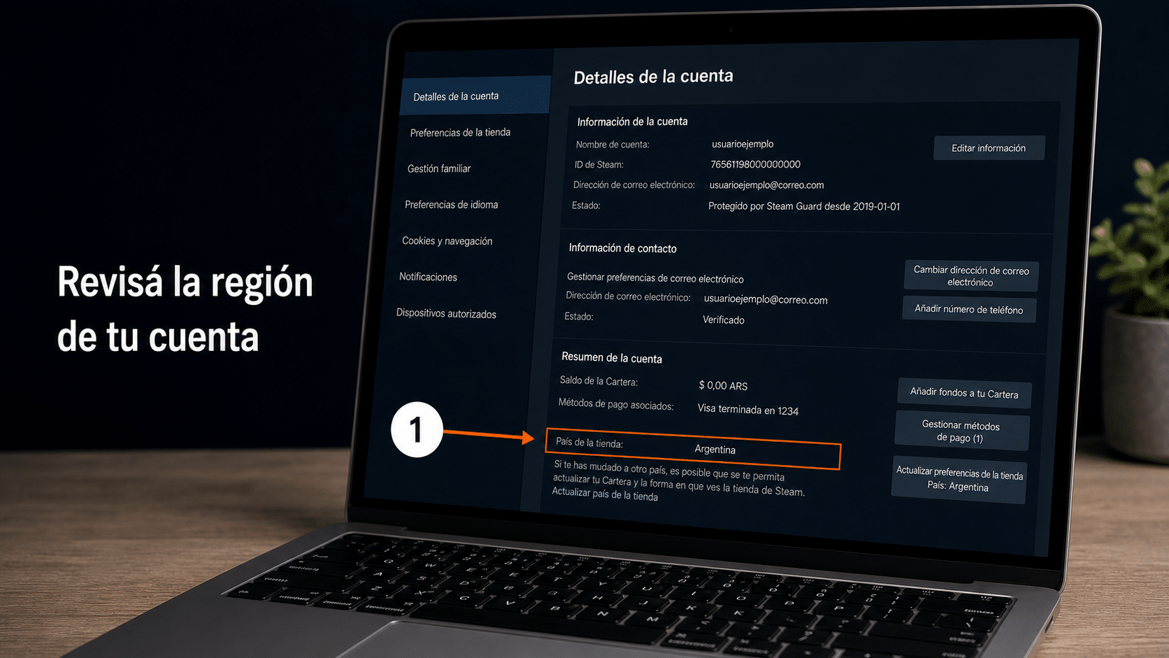 Detalles de la cuenta de Steam mostrando el País de la tienda para verificar la región