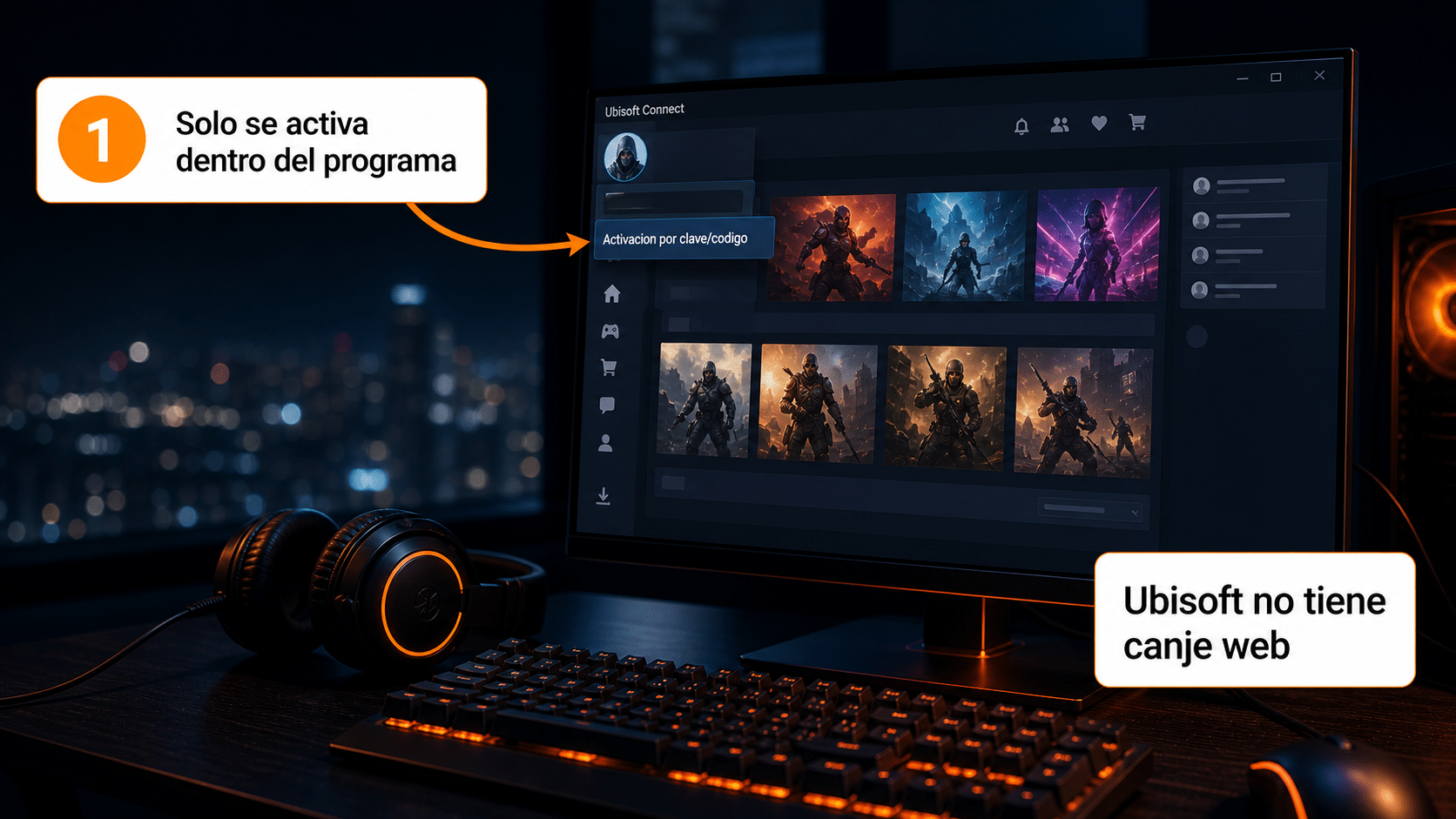 Ubisoft Connect con el menú del perfil abierto en Activación por clave o código