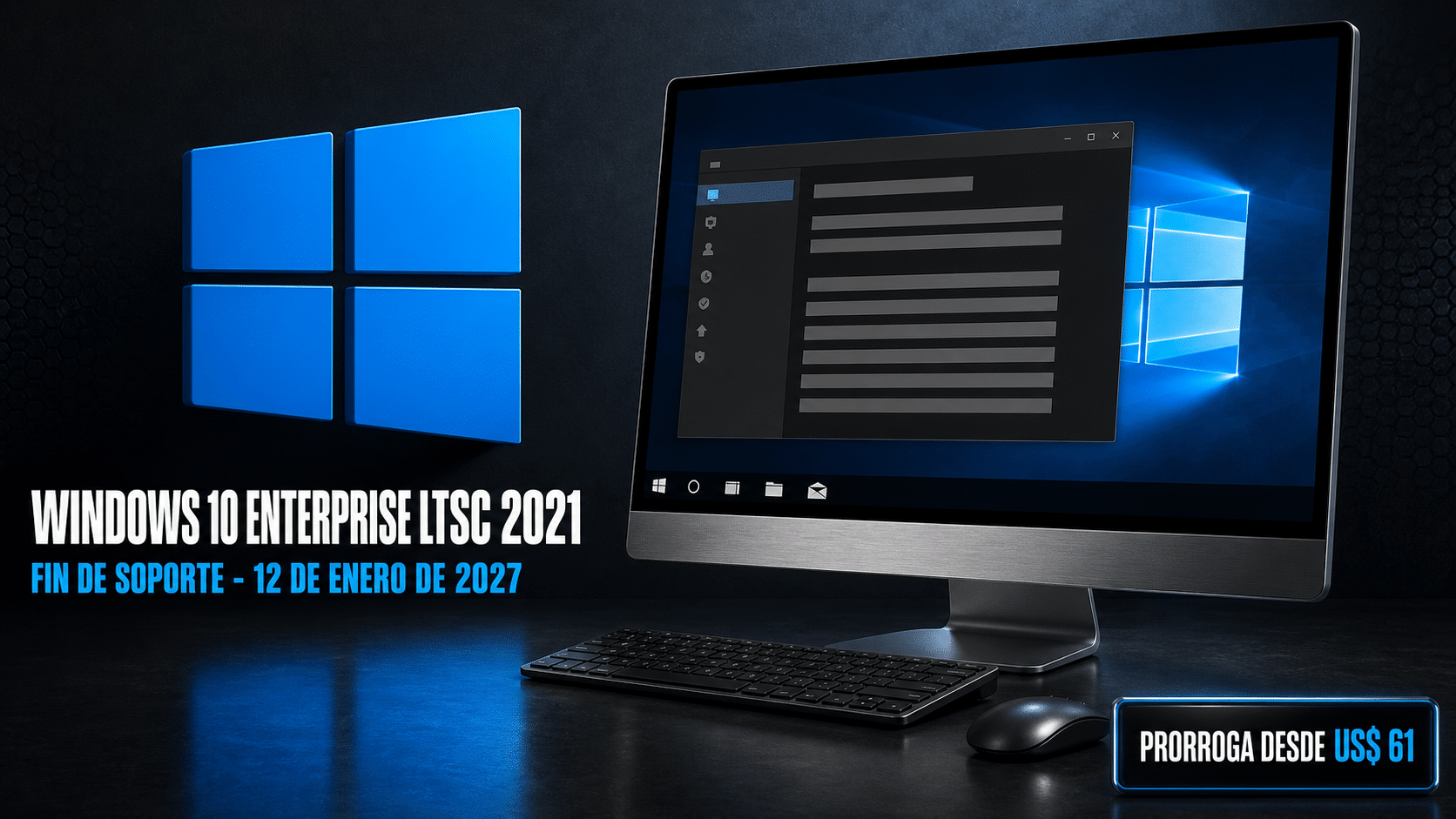 Arte editorial sobre el vencimiento de Windows 10 Enterprise LTSC 2021 en enero de 2027, con el logo de Windows y una pantalla del sistema