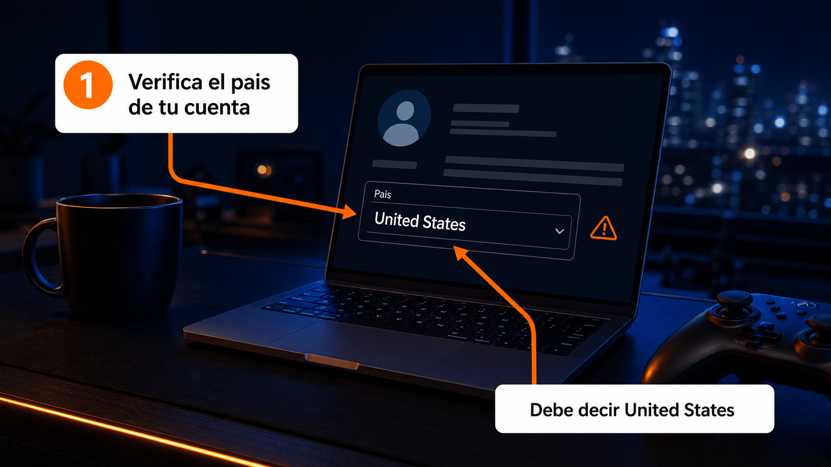 Pantalla de cuenta mostrando el país United States, requisito para canjear la tarjeta