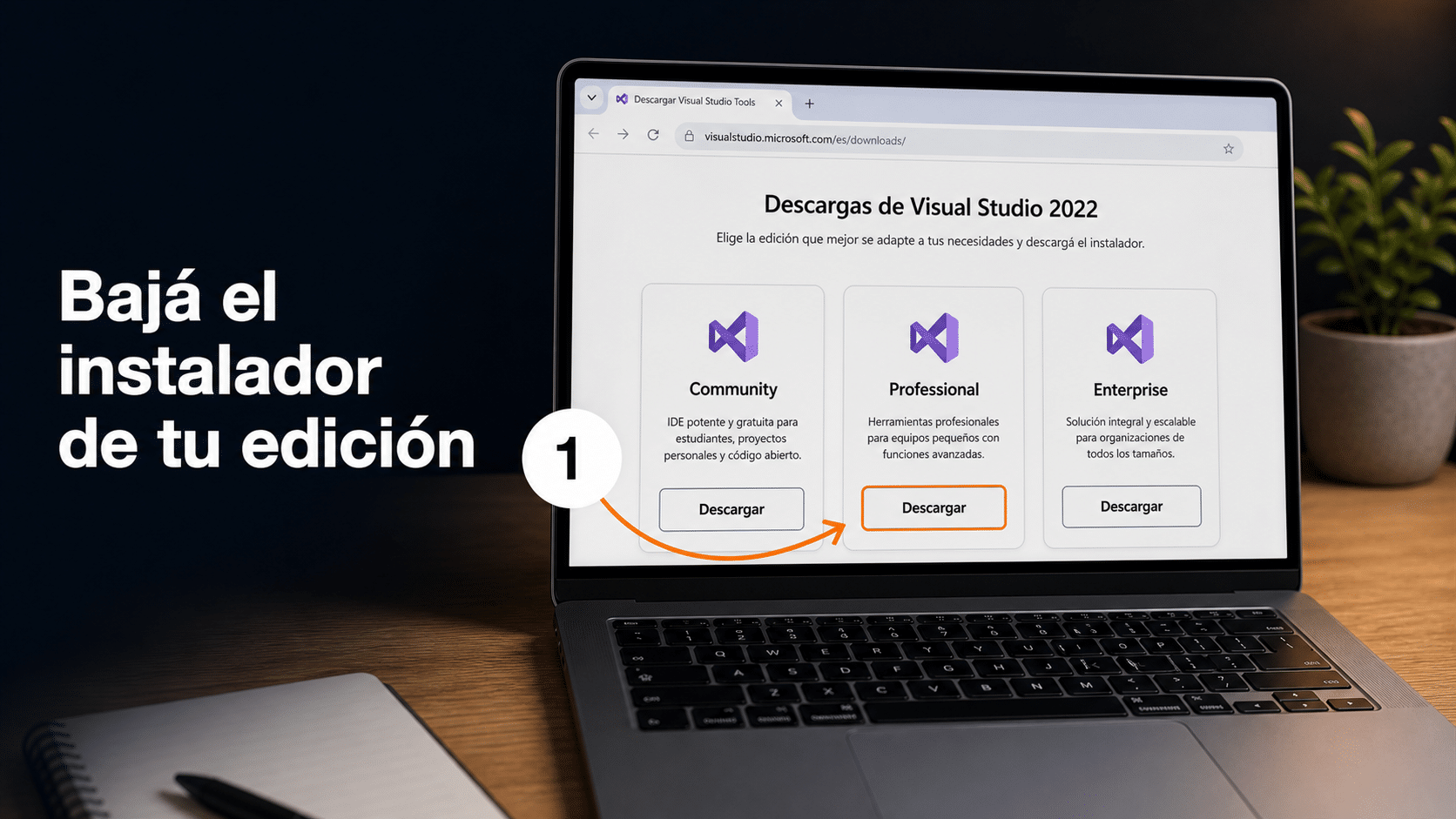 Página de descargas de Visual Studio con las ediciones Community, Professional y Enterprise