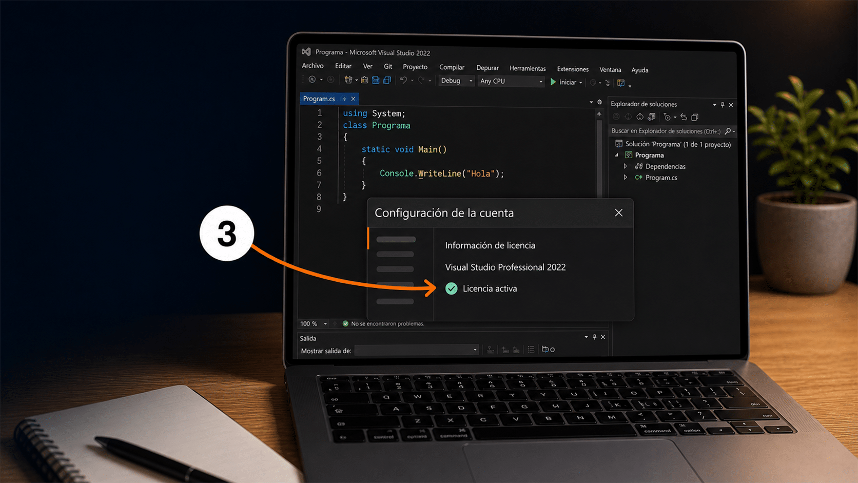 Configuración de la cuenta de Visual Studio mostrando la licencia activa