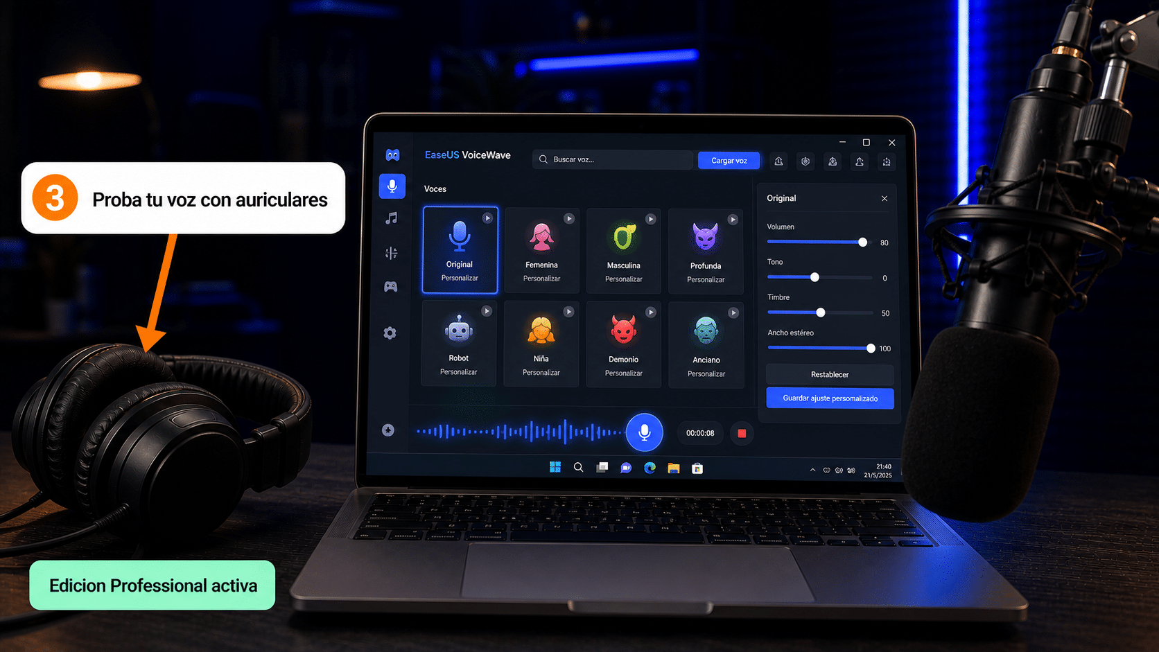VoiceWave listo para usar EaseUS VoiceWave funcionando con una voz seleccionada y la edición Professional activa