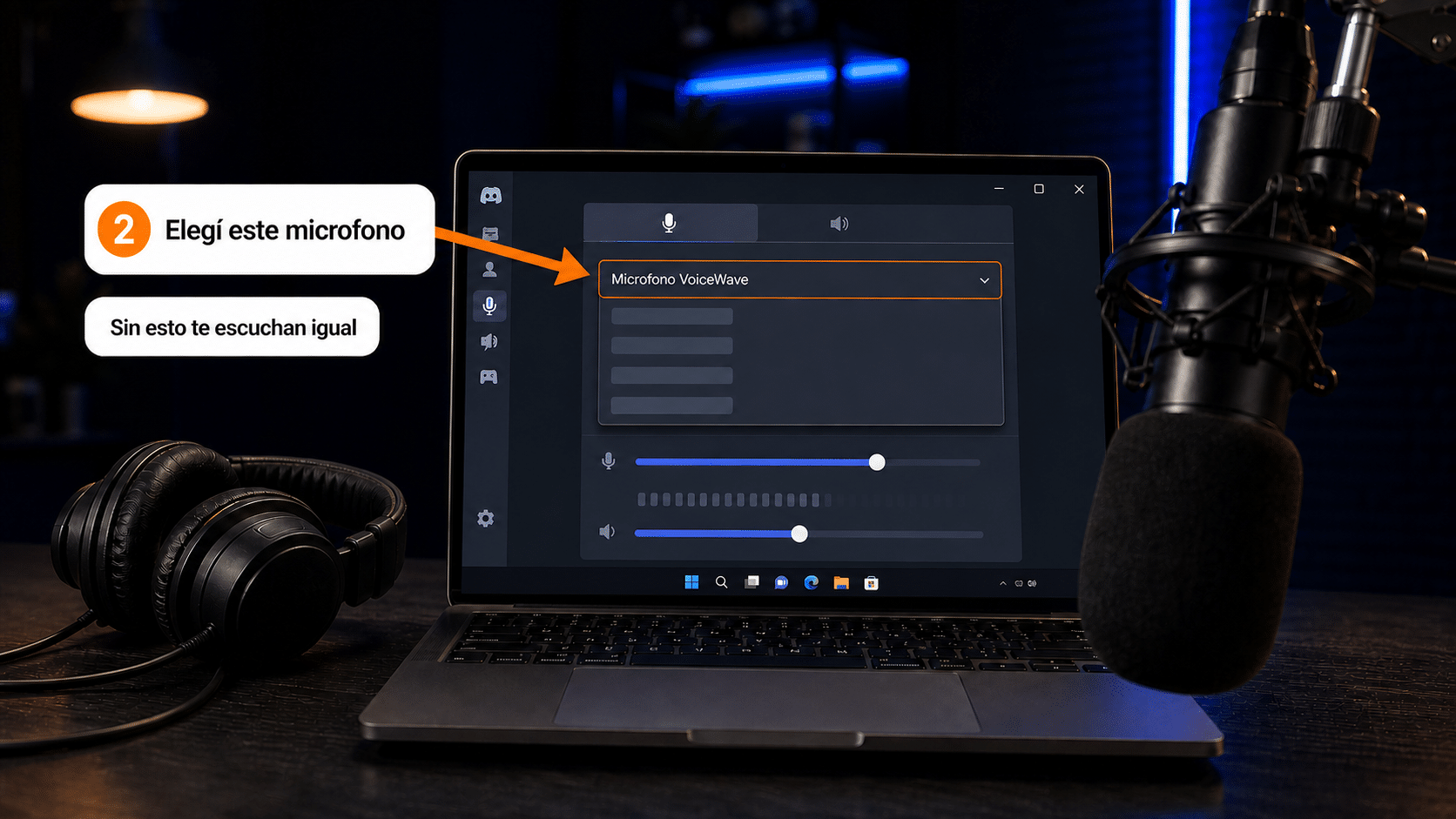 Elegir el micrófono virtual de VoiceWave Configuración de audio con el Micrófono VoiceWave elegido como dispositivo de entrada