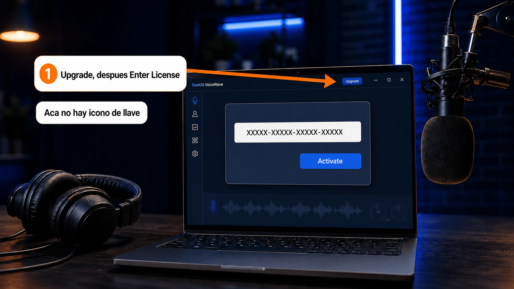 Activar EaseUS VoiceWave con tu clave Ventana de EaseUS VoiceWave para ingresar la licencia con el botón Activate