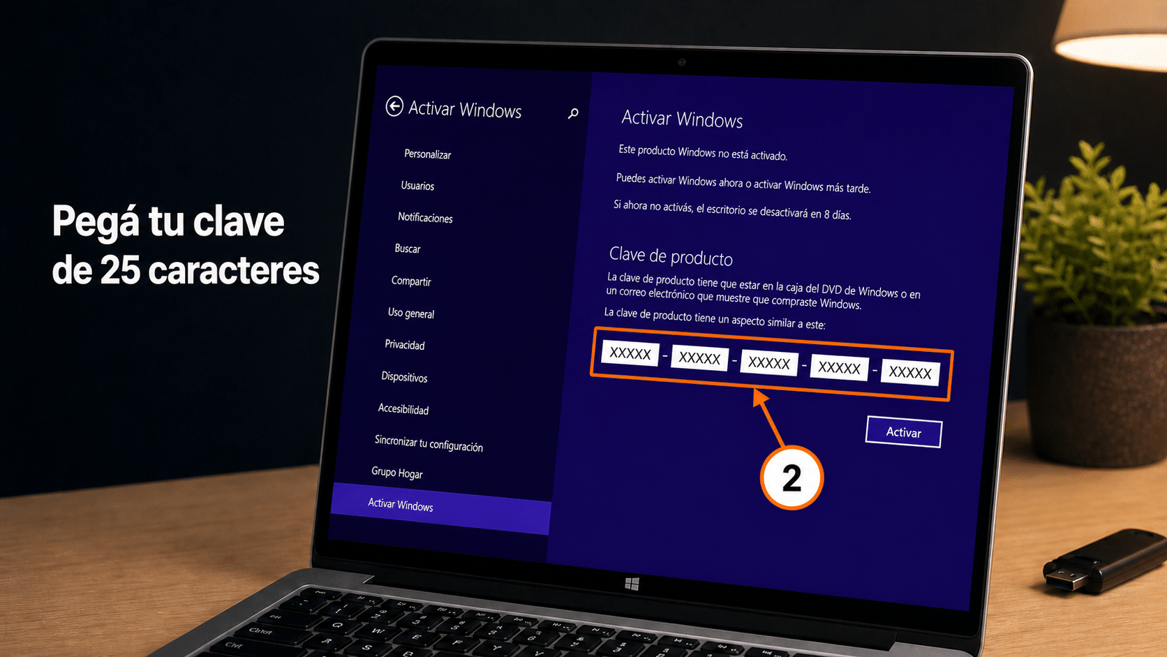 Pantalla de activación de Windows 8.1 para ingresar la clave de producto de 25 caracteres