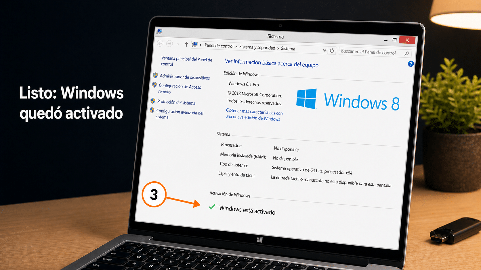 Propiedades del sistema mostrando Windows 8.1 Pro con el mensaje Windows está activado