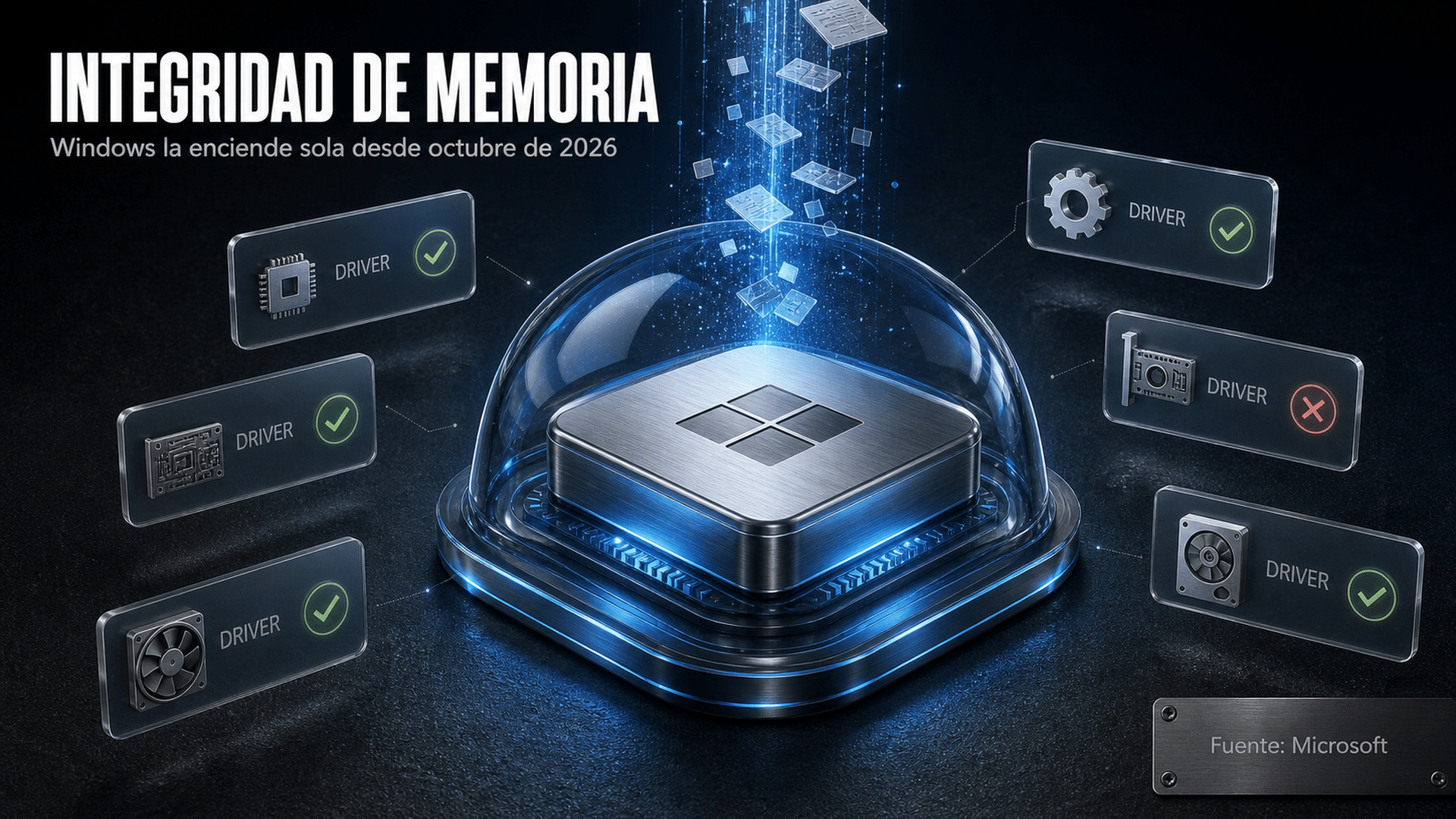 Arte editorial de un núcleo de sistema operativo blindado por una capa de virtualización mientras baja una actualización mensual