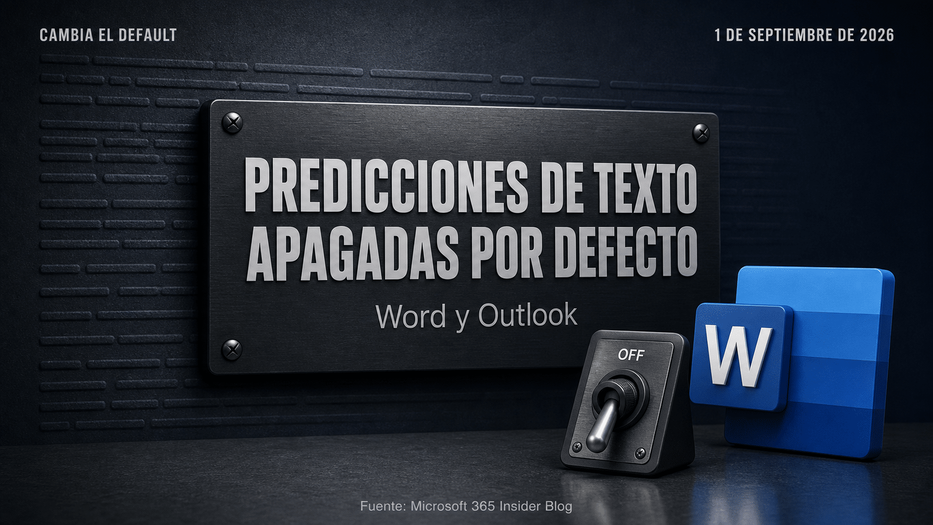 Arte editorial del interruptor de predicciones de texto de Microsoft Word en posición apagada sobre un documento en blanco