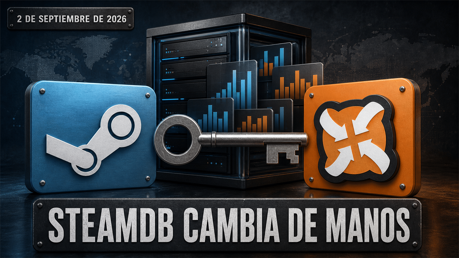 Arte editorial de una base de datos de videojuegos cambiando de manos, con gráficos de precios históricos de fondo