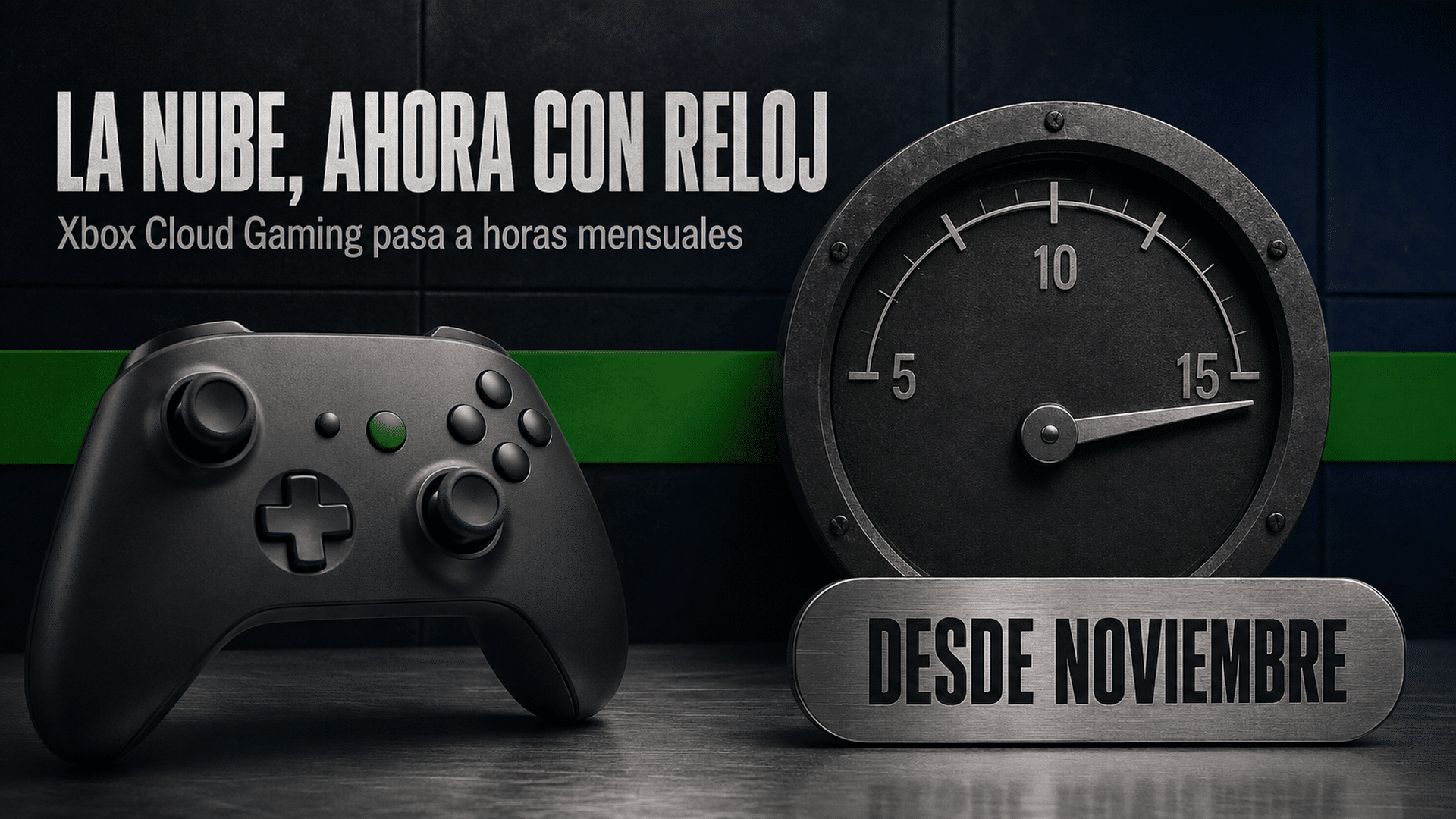 Arte editorial de un mando de videojuegos junto a un medidor que cuenta las horas de juego en la nube