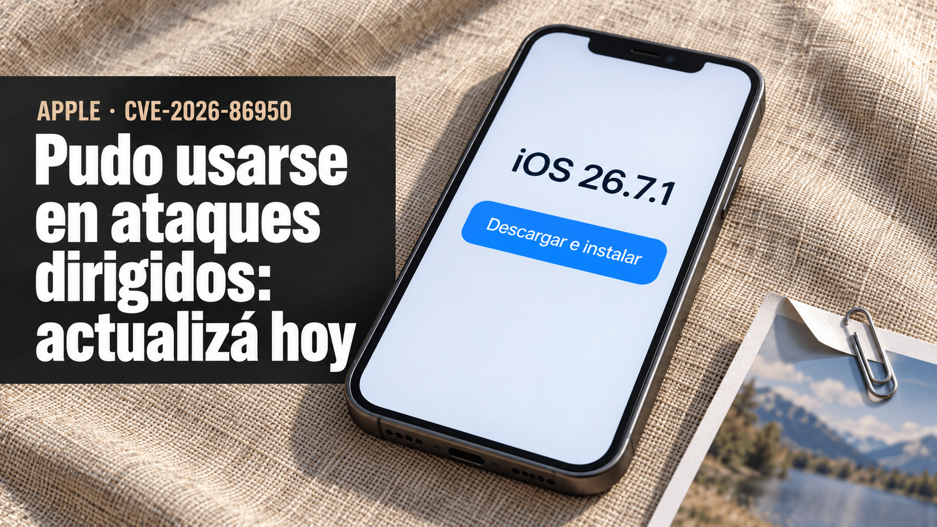 Ilustración: un teléfono de marco gris grafito apoyado en diagonal sobre una tela de lino color arena, con la pantalla de actualización de software abierta, que dice «iOS 26.7.1» y tiene un botón azul «Descargar e instalar». Abajo a la derecha, una fotografía impresa con una esquina doblada y un clip metálico. A la izquierda, sobre una banda gris oscura, el texto «Apple · CVE-2026-86950» y el titular «Pudo usarse en ataques dirigidos: actualizá hoy».