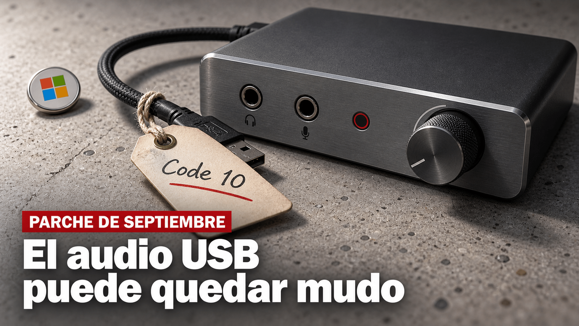 Ilustración con relieve sobre una losa de hormigón pulido gris cálido con los poros y el árido visibles bajo una luz rasante: en el centro, una interfaz de audio USB de escritorio con chasis de aluminio cepillado grafito, apoyada en tres cuartos, con el canto frontal de unos cuatro centímetros a la vista, una perilla de volumen moleteada girada al mínimo y un LED de señal redondo apagado; del aparato sale un cable USB trenzado que cae flojo sobre el hormigón, y de ese cable cuelga hacia el frente una etiqueta de papel rígido color hueso con ojal metálico donde dice a mano «Code 10», con su sombra sobre la piedra; detrás y a la izquierda, una chapita circular con el logo de cuatro cuadrados de Microsoft apoyada boca arriba; en la banda inferior, el antetítulo «Parche de septiembre» y el titular «El audio USB puede quedar mudo»