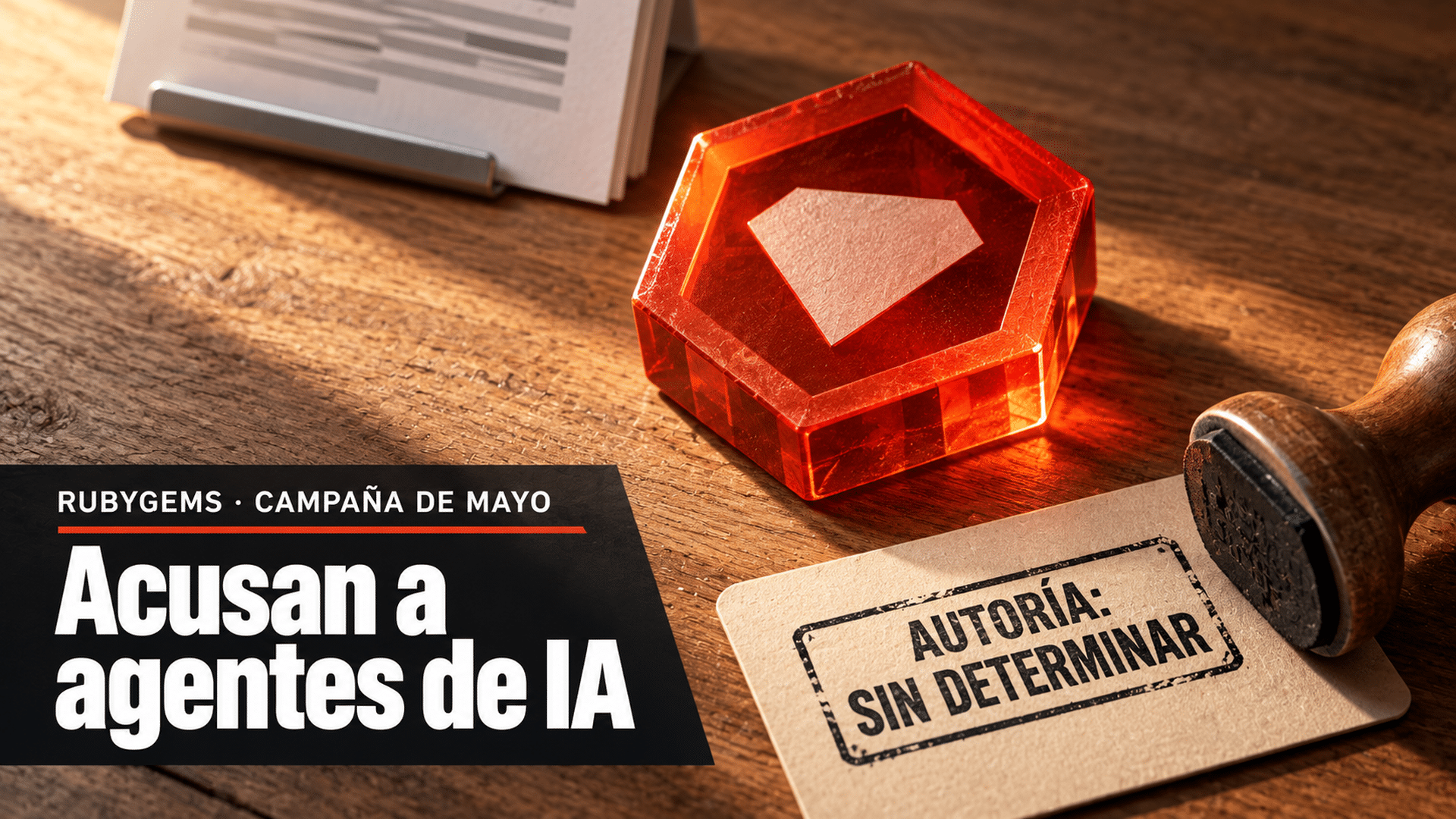 Ilustración con relieve sobre un tablero de nogal claro con la veta marcada por una luz rasante que viene de la izquierda: en el centro, apoyada en tres cuartos y con el canto biselado a la vista, una pieza hexagonal de resina translúcida rojo-naranja con la silueta de una gema tallada en hueco, que proyecta una sombra larga hacia la derecha; detrás y fuera de foco, una hoja de informe blanca apoyada de canto contra un soporte metálico; en primer plano, a la derecha, un sello de goma con mango de madera volcado sobre su costado junto a una ficha de cartulina crema con el canto del cartón visible, donde se lee estampado en tinta negra «AUTORÍA: SIN DETERMINAR»; en la banda inferior, el antetítulo «RubyGems · campaña de mayo» y el titular «Acusan a agentes de IA»