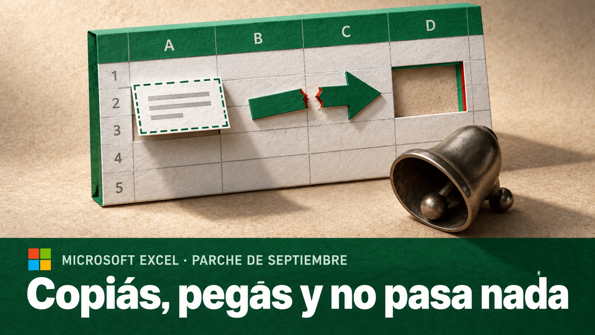 Ilustración de un panel de planilla de cálculo de cartón grueso de pie sobre un fondo de papel arena, con luz rasante desde la izquierda: la fila de encabezado es verde Excel, de una celda se levanta una lámina con borde punteado de copiado y la celda de destino es un hueco troquelado con el canto teñido; delante, una campanita volcada y muda y una flecha de cartulina cortada por la mitad; abajo, el logo de Microsoft junto al antetítulo y el titular «Copiás, pegás y no pasa nada»