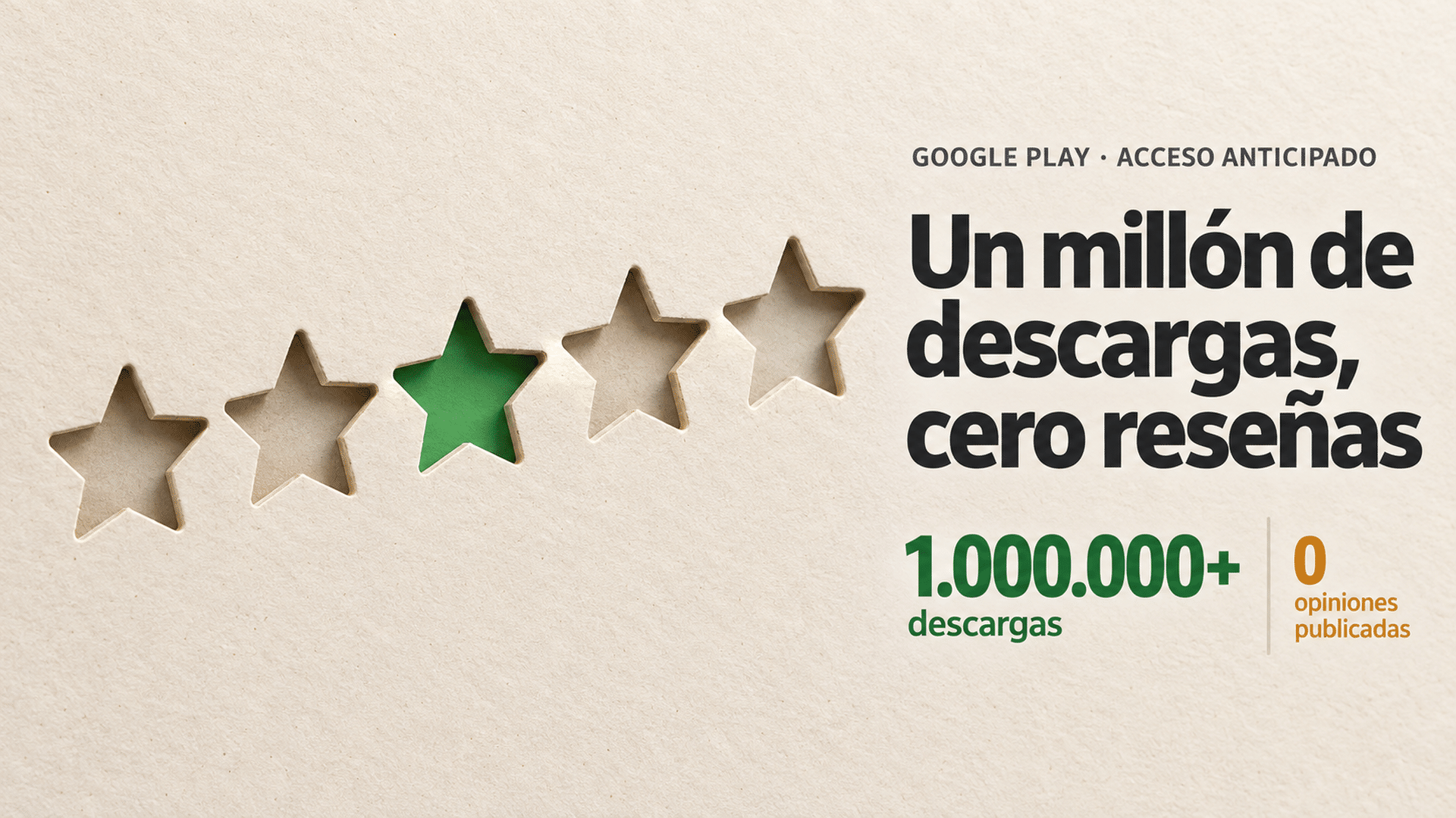 Cinco estrellas de calificación troqueladas en un panel de cartón, cuatro huecas y una rellena en verde como único acento de color, junto al contador de un millón de descargas y cero opiniones publicadas