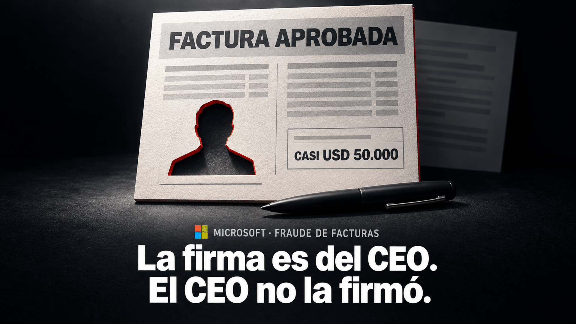 Ilustración de una factura de cartulina gruesa de pie sobre un escritorio oscuro, iluminada de frente, con la palabra FACTURA APROBADA en el encabezado y un importe de casi USD 50.000, troquelada al pie con el hueco de una silueta de ejecutivo cuyo canto de corte es rojo; delante, una lapicera con la tapa puesta; abajo, el logo de Microsoft junto al antetítulo y el titular «La firma es del CEO. El CEO no la firmó.»