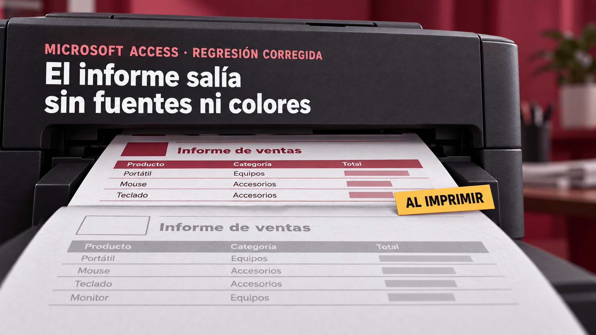 Primer plano de la bandeja de una impresora con un informe de Access emergiendo: la franja que todavía no salió conserva encabezado en carmín y negritas, y la ya impresa aparece en gris plano y sin estilos