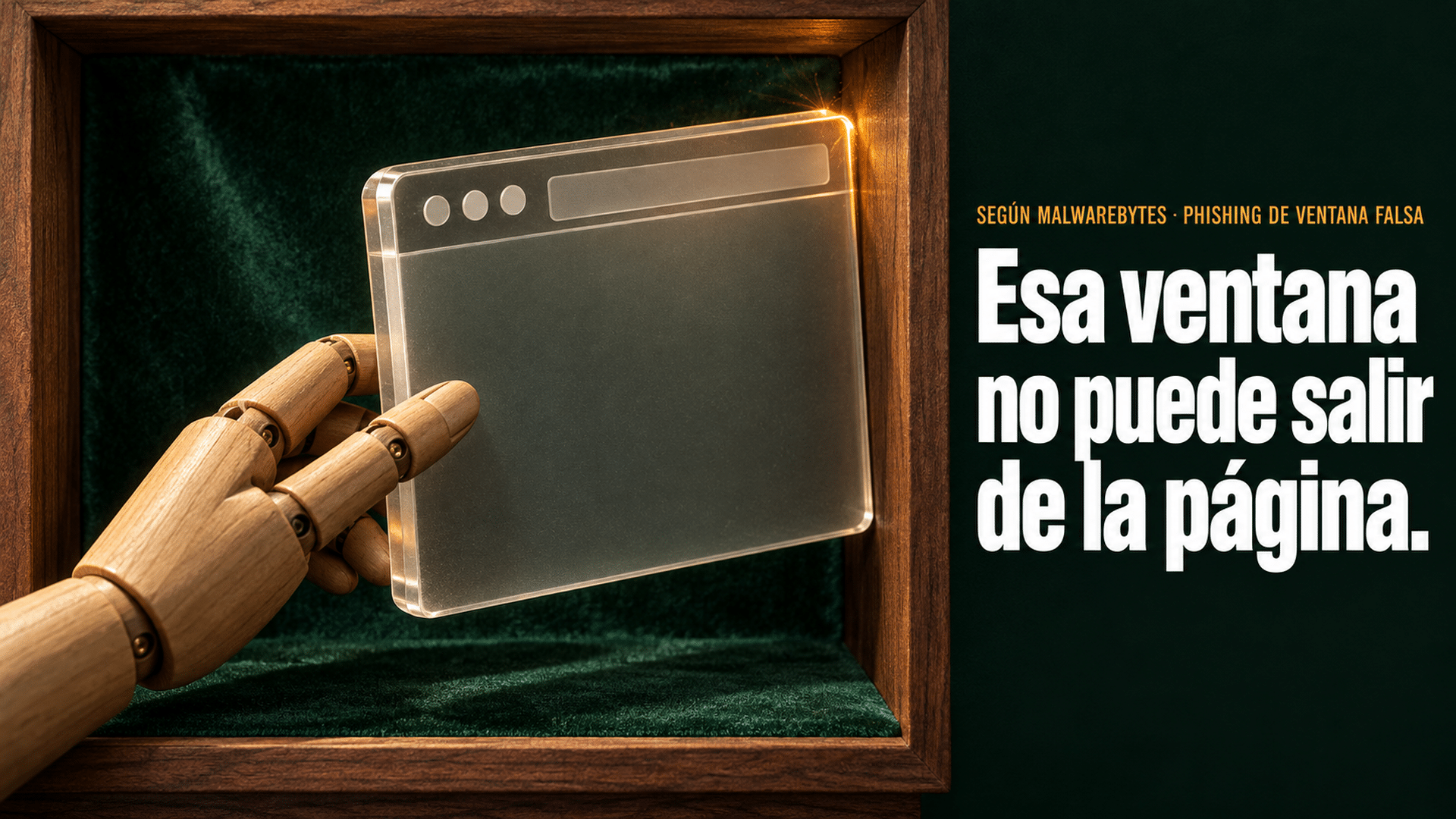 Ilustración: dentro de una caja de vitrina de madera con fondo de terciopelo verde botella, una placa de acrílico grueso con forma de ventana de navegador está inclinada y apretada contra la pared interna derecha, con una línea ámbar encendida en el punto de choque; desde abajo a la izquierda, una mano de madera articulada la sujeta como si la arrastrara. A la derecha, sobre una banda verde oscuro, el texto «Según Malwarebytes · Phishing de ventana falsa» y el titular «Esa ventana no puede salir de la página».