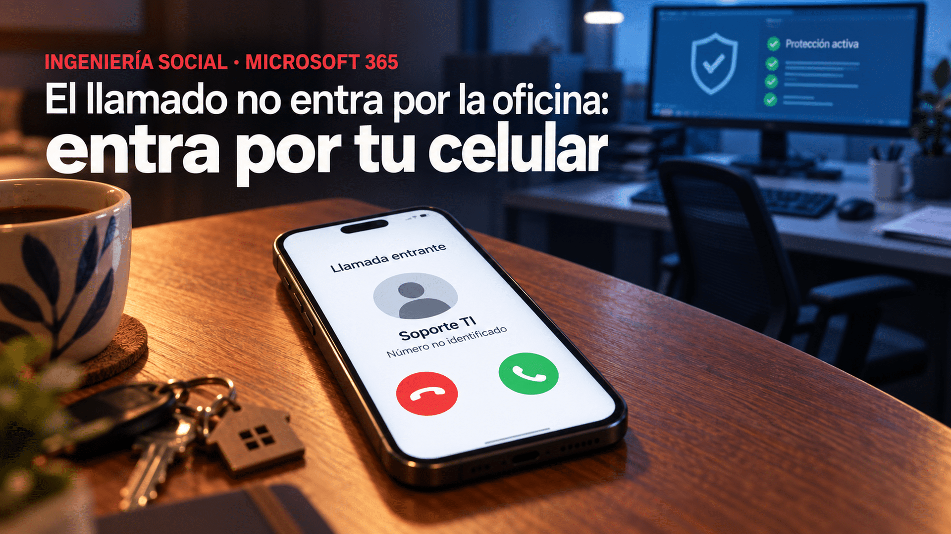 Escena de dos planos: al fondo y desenfocado, un escritorio de oficina en tonos azul acero con un monitor encendido; en primer plano nítido, sobre una mesa doméstica cálida, un teléfono personal muestra una llamada entrante del supuesto soporte técnico